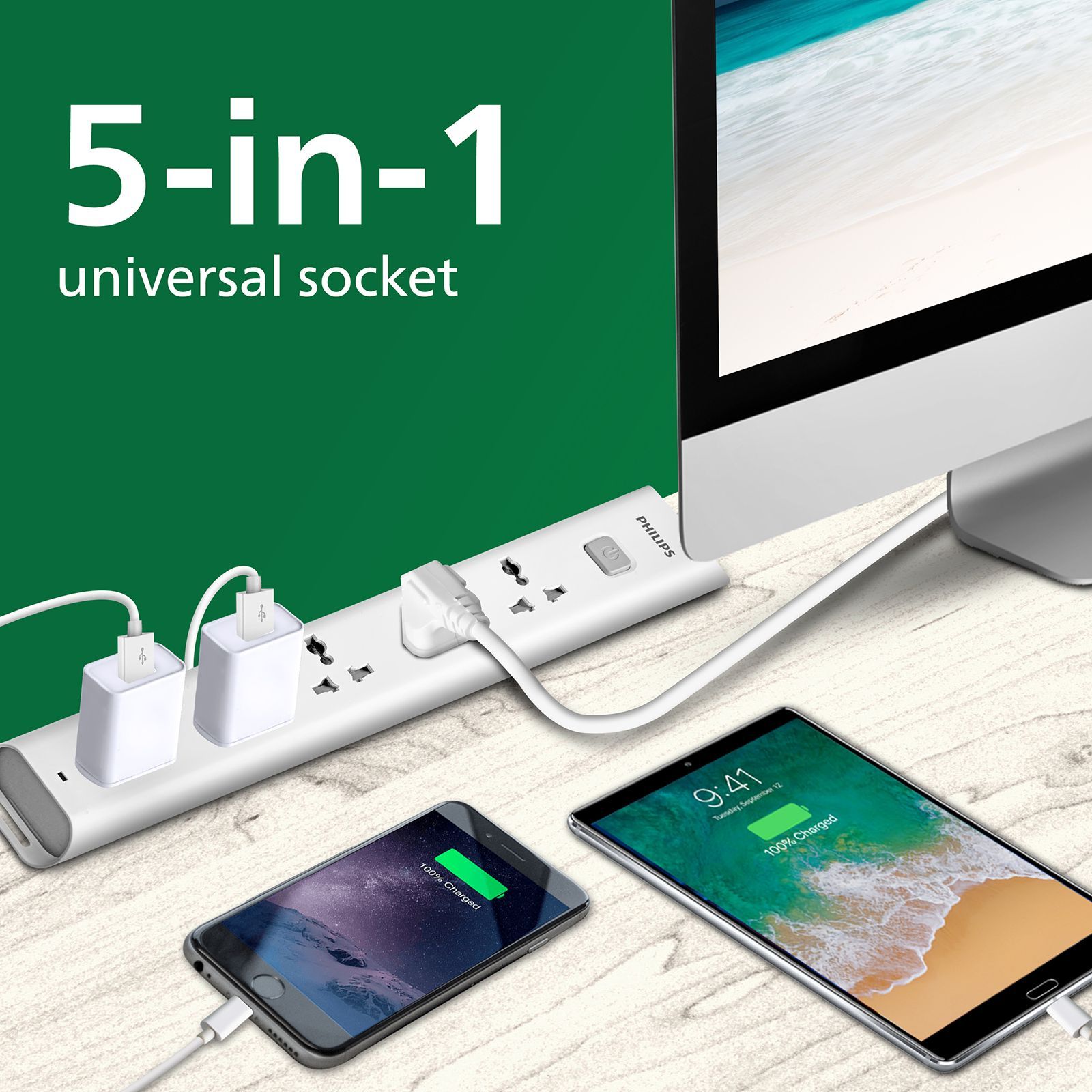 PHILIPS 10 Amps 5 Sockets Power Multiplier (1.2 Meters, Child Safety Shutter, CHP2452W/94, White)_7