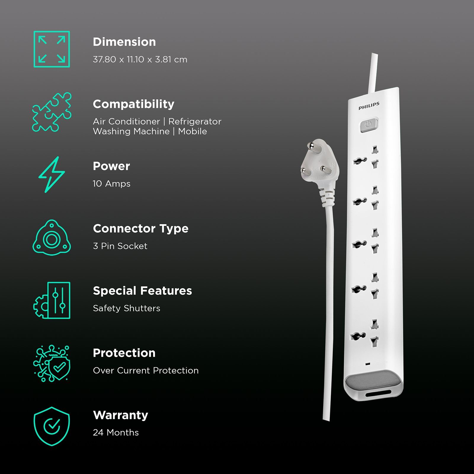 PHILIPS 10 Amps 5 Sockets Power Multiplier (1.2 Meters, Child Safety Shutter, CHP2452W/94, White)_2