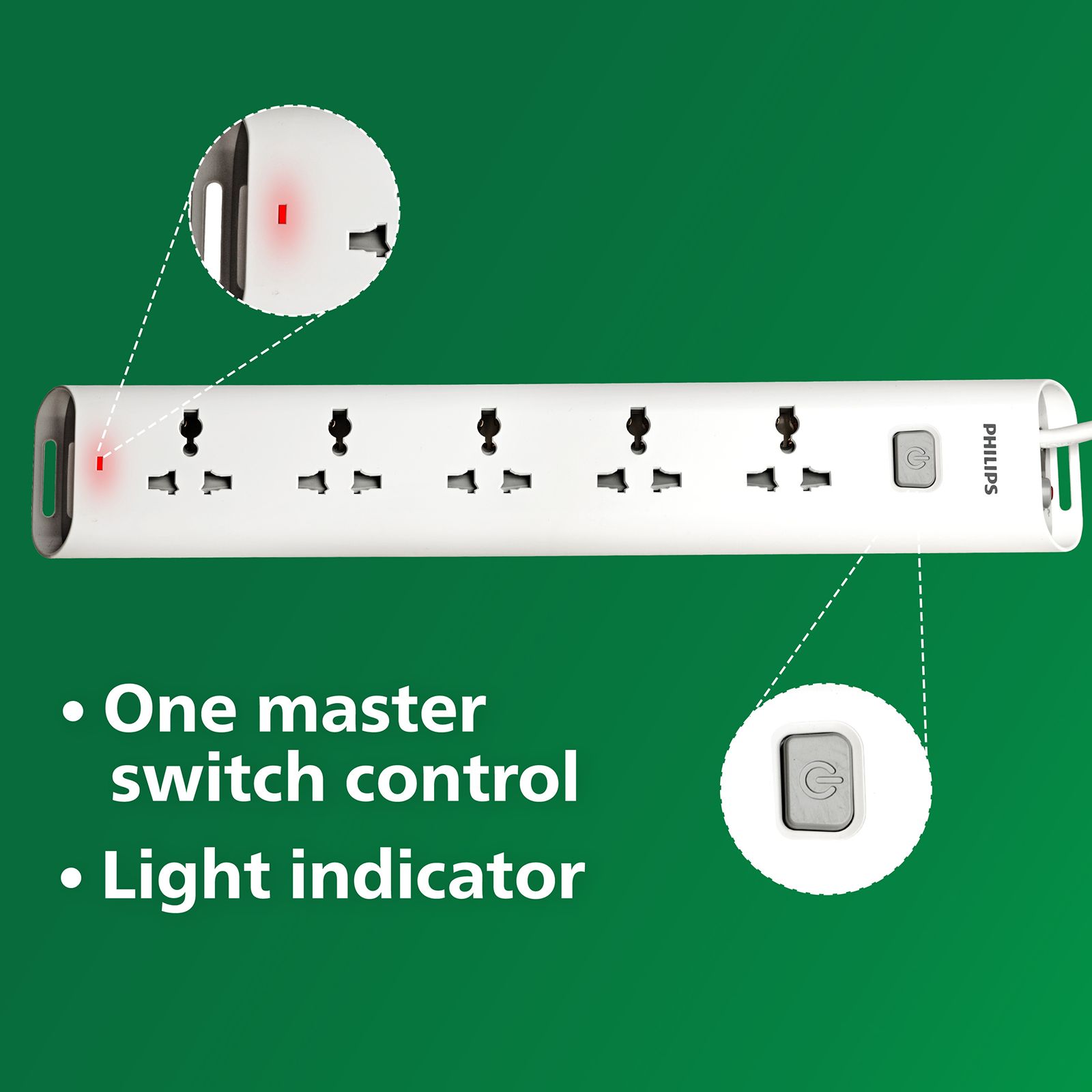 PHILIPS 10 Amps 5 Sockets Power Multiplier (1.2 Meters, Child Safety Shutter, CHP2452W/94, White)_5