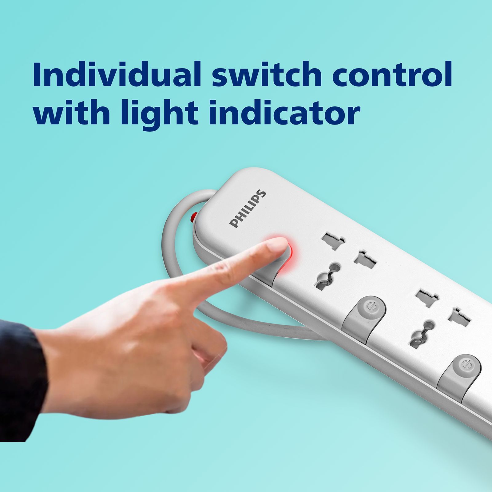 PHILIPS 10 Amps 5 Sockets Power Multiplier (1.2 Meters, Child Safety Shutter, CHP3451W/94, White)_6
