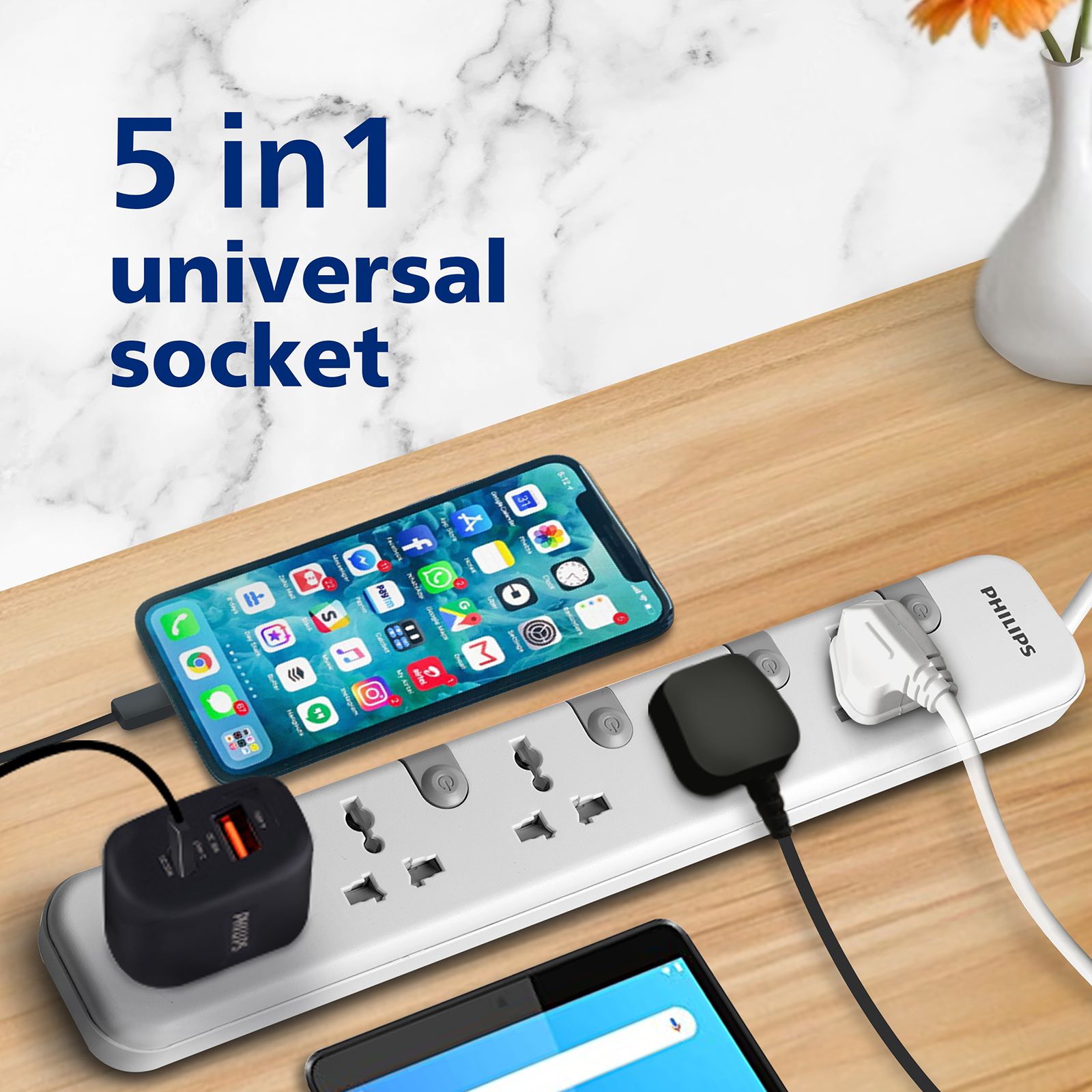 PHILIPS 10 Amps 5 Sockets Power Multiplier (1.2 Meters, Child Safety Shutter, CHP3451W/94, White)_7