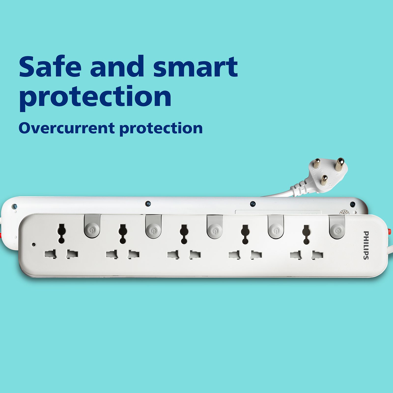 PHILIPS 10 Amps 5 Sockets Power Multiplier (1.2 Meters, Child Safety Shutter, CHP3451W/94, White)_4