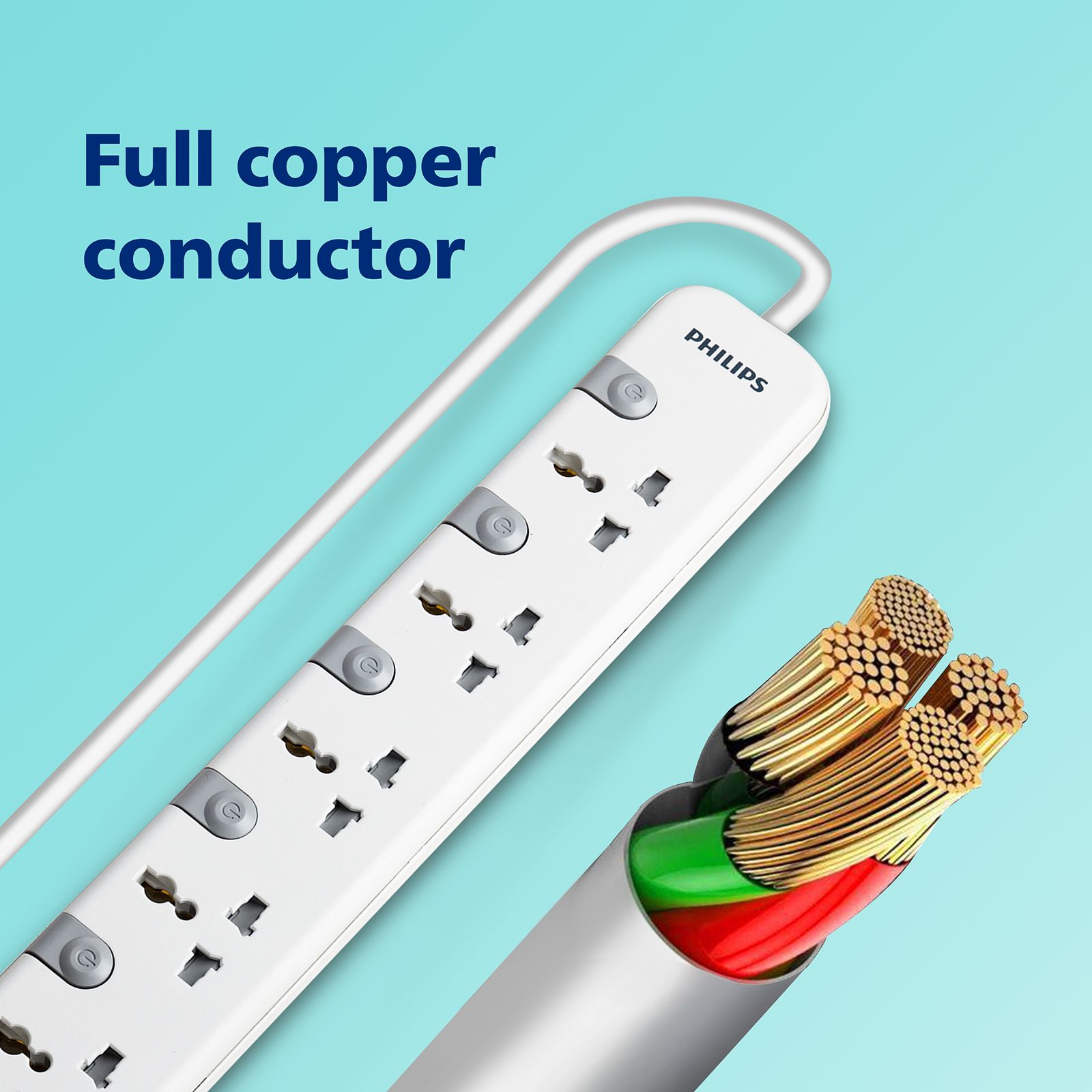 PHILIPS 10 Amps 5 Sockets Power Multiplier (1.2 Meters, Child Safety Shutter, CHP3451W/94, White)_5