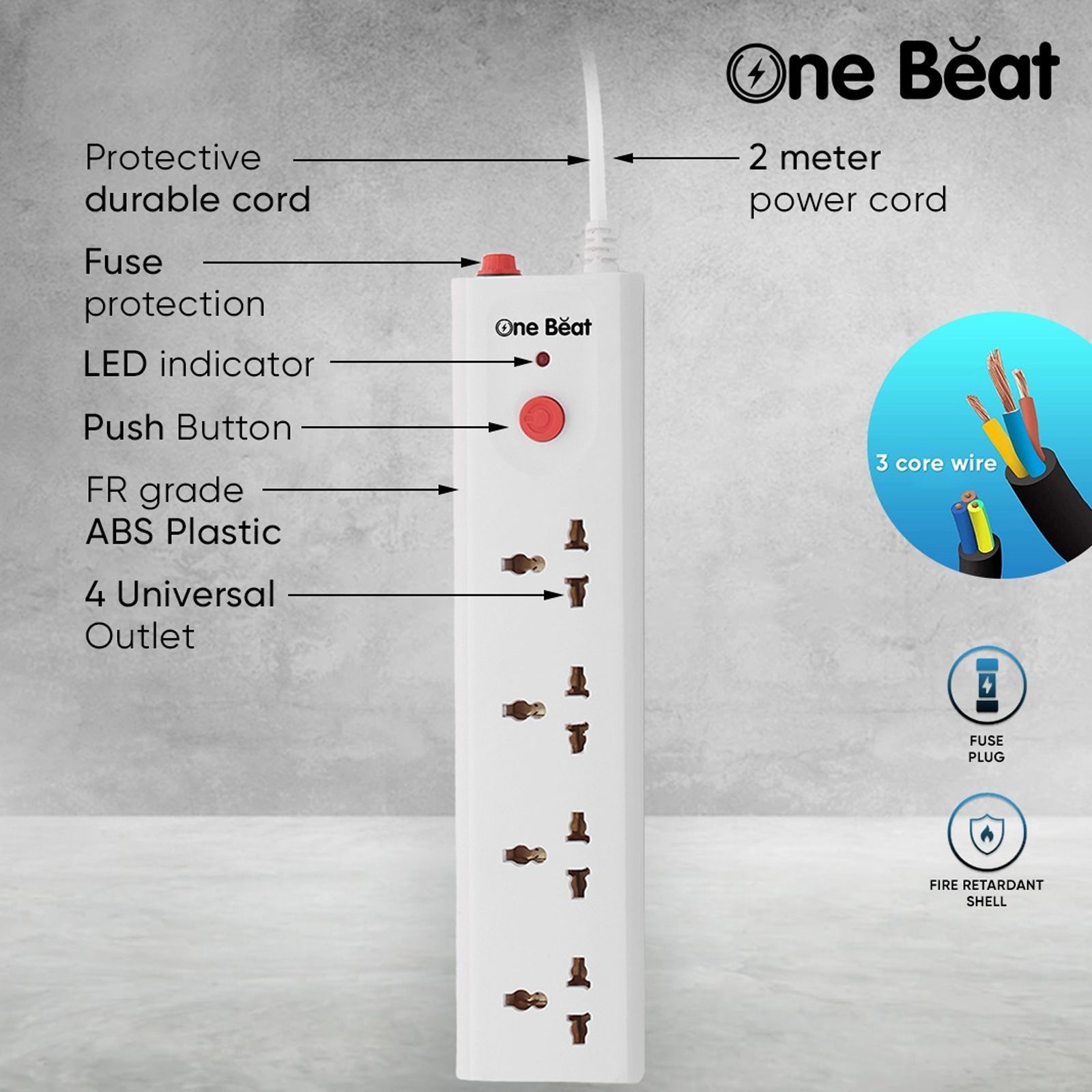 One Beat Spark 4 10 Amps 4 Sockets Extension Board (2 Meters, Resettable Circuit Breaker, OB-20402, White) One Beat Spark 4 10 Amps 4 Sockets Extension Board (2 Meters, Resettable Circuit Breaker, OB-20402, White)_5