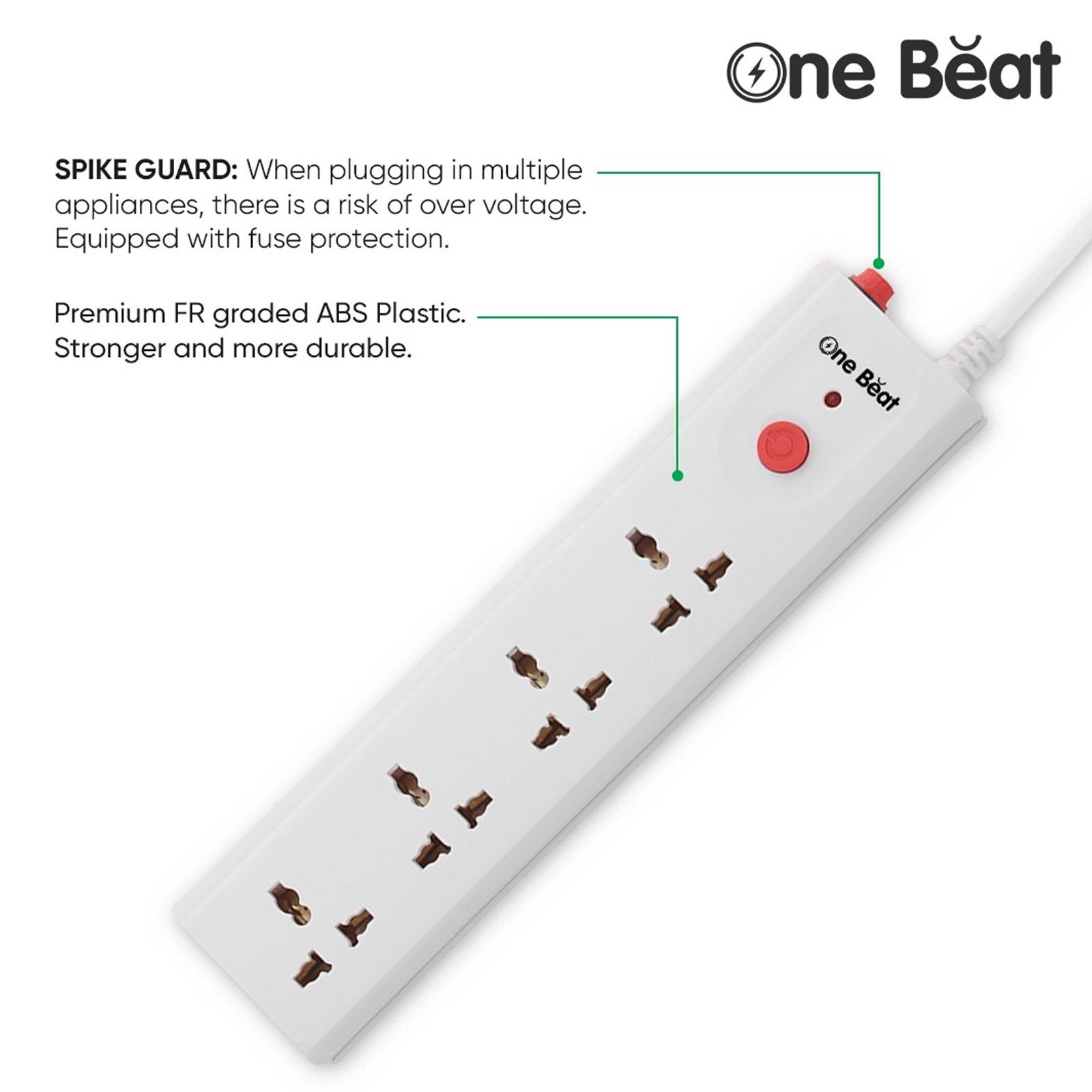 One Beat Spark 4 10 Amps 4 Sockets Extension Board (2 Meters, Resettable Circuit Breaker, OB-20402, White) One Beat Spark 4 10 Amps 4 Sockets Extension Board (2 Meters, Resettable Circuit Breaker, OB-20402, White)_6