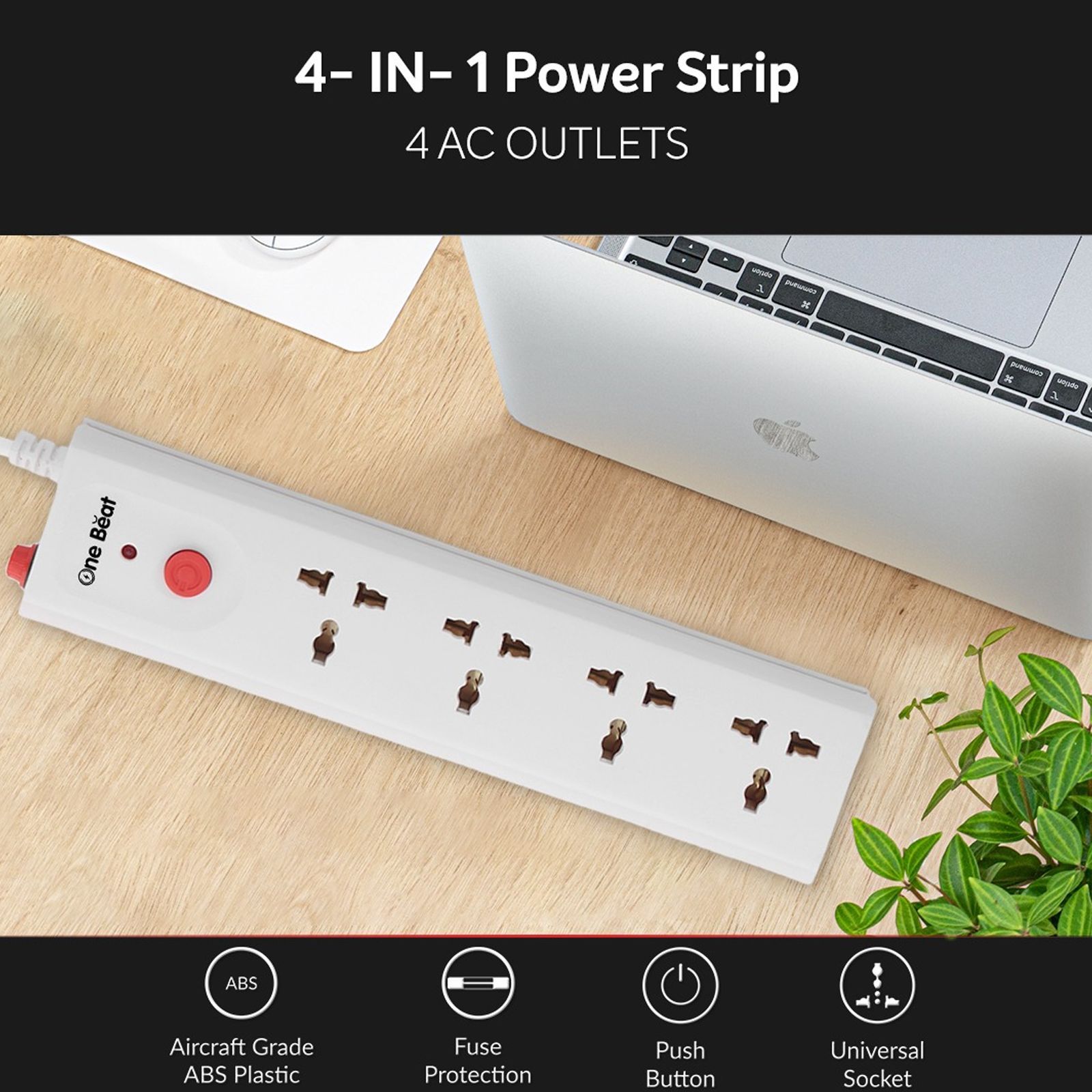 One Beat Spark 4 10 Amps 4 Sockets Extension Board (2 Meters, Resettable Circuit Breaker, OB-20402, White) One Beat Spark 4 10 Amps 4 Sockets Extension Board (2 Meters, Resettable Circuit Breaker, OB-20402, White)_3