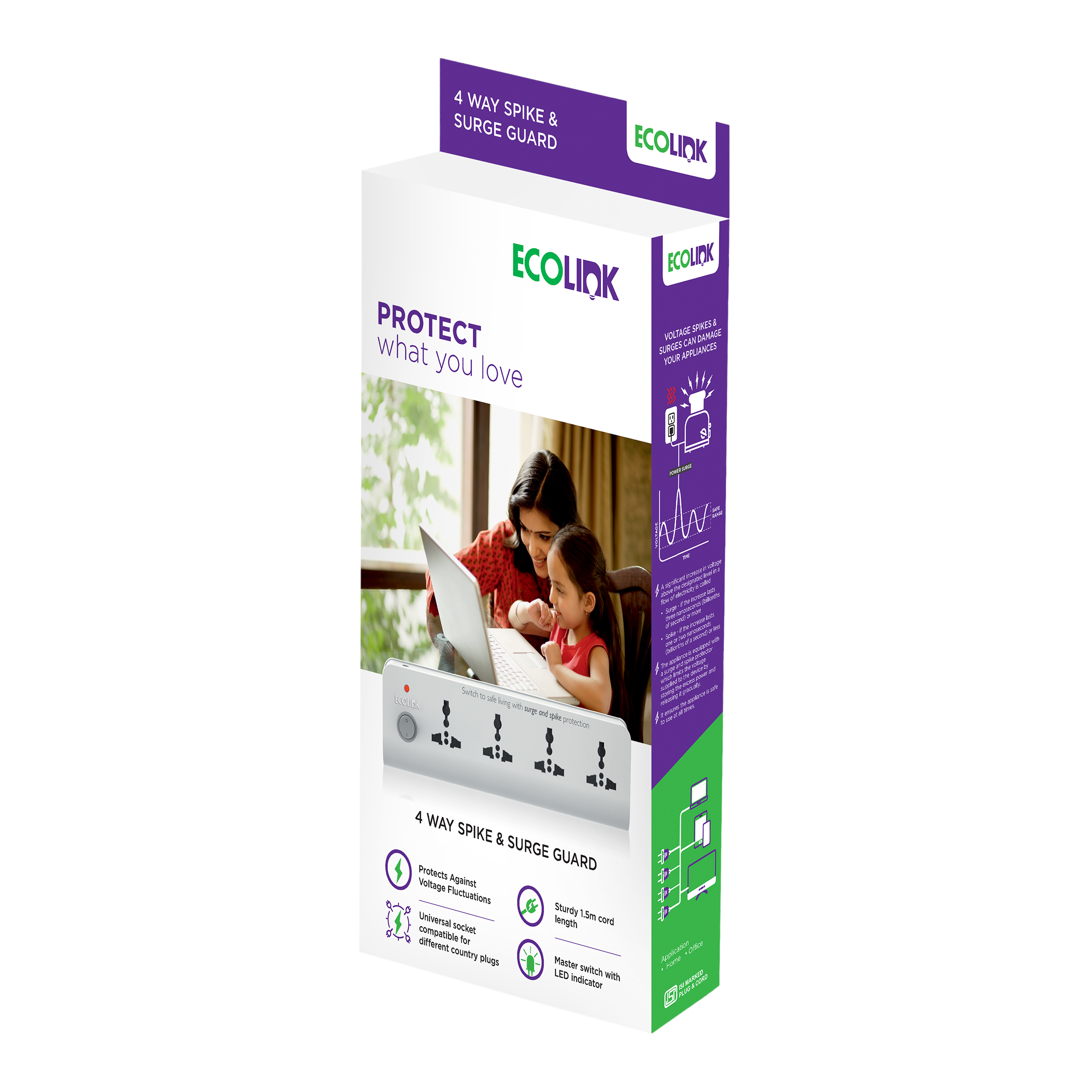 Ecolink Guardian Chief 6 Amps 4 Sockets Spike & Surge Guard With Individual Switch (1.5 Meters, Fire Retardant Material, 913715174301, White)_2