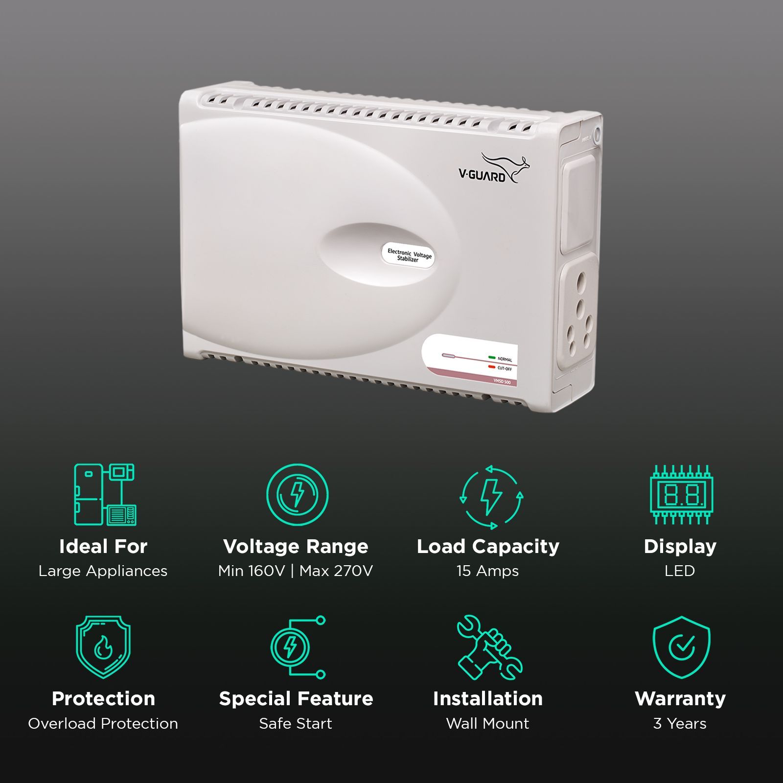 V-GUARD 15 Amps Voltage Stabilizer For Washing Machine, Dishwasher and Microwave Oven (160 - 270V Voltage Range, Thermal Overload Protection, VMSD 500, White) V-GUARD 15 Amps Voltage Stabilizer For Washing Machine, Dishwasher and Microwave Oven (160 - 270V Voltage Range, Thermal Overload Protection, VMSD 500, White)_2