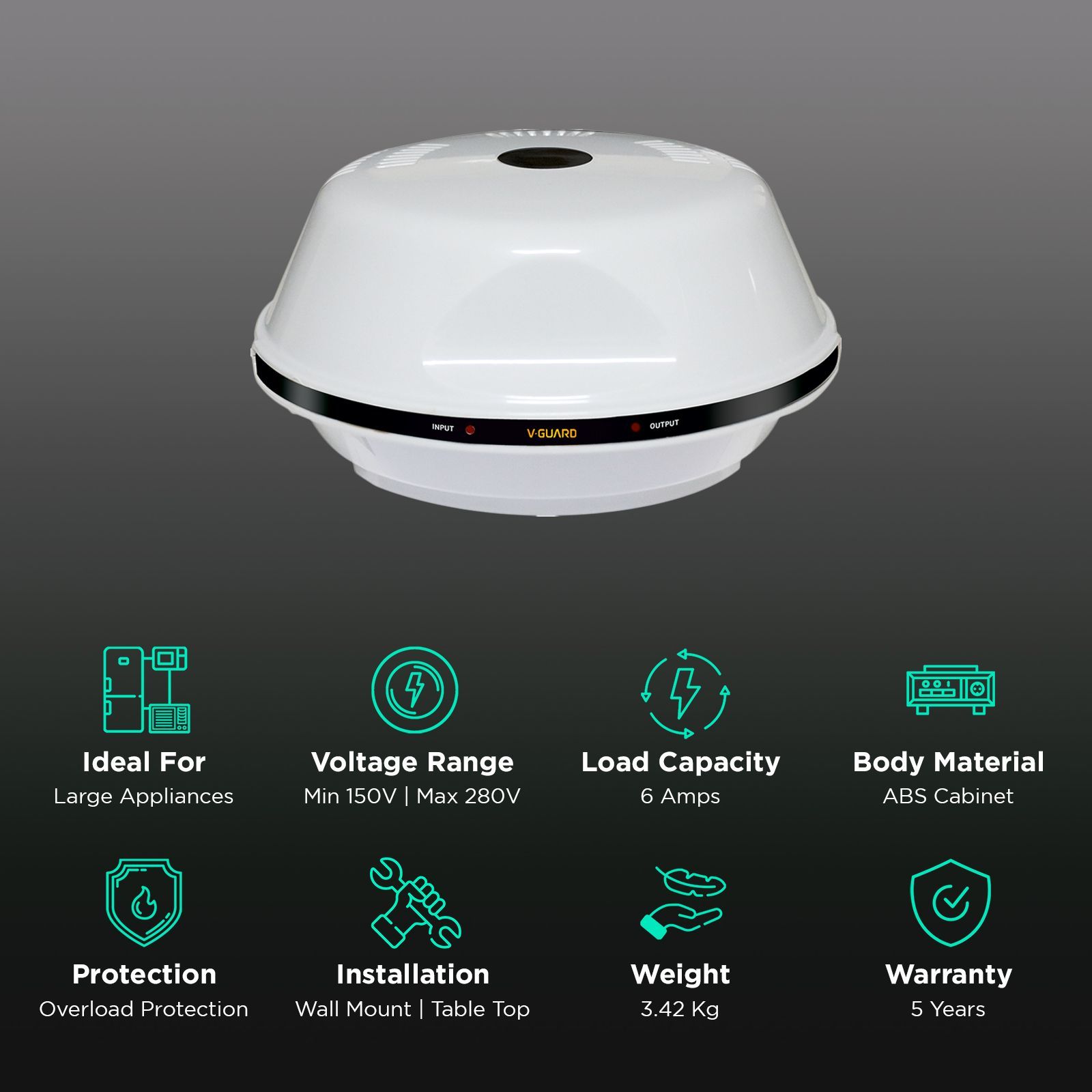 V-Guard 6 Amps Voltage Stabilizer For 0.5T Air Conditioner / Air Cooler / Refrigerator (150 - 280 V, Thermal Overload Protection, VG 150, Grey)_2