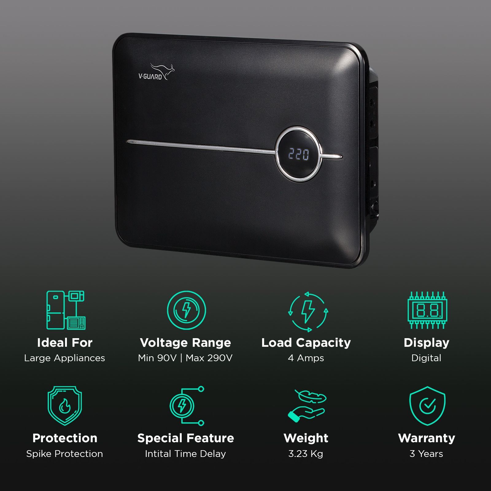 V-Guard Crystal 150 Prime 4 Amps Voltage Stabilizer 203cm (80 Inch) TV / SetTop Box / Home Theatre (90 - 290 V, Thermal Overload Protection, , Black) V-Guard Crystal 150 Prime 4 Amps Voltage Stabilizer 203cm (80 Inch) TV / SetTop Box / Home Theatre (90 - 290 V, Thermal Overload Protection, , Black)_2