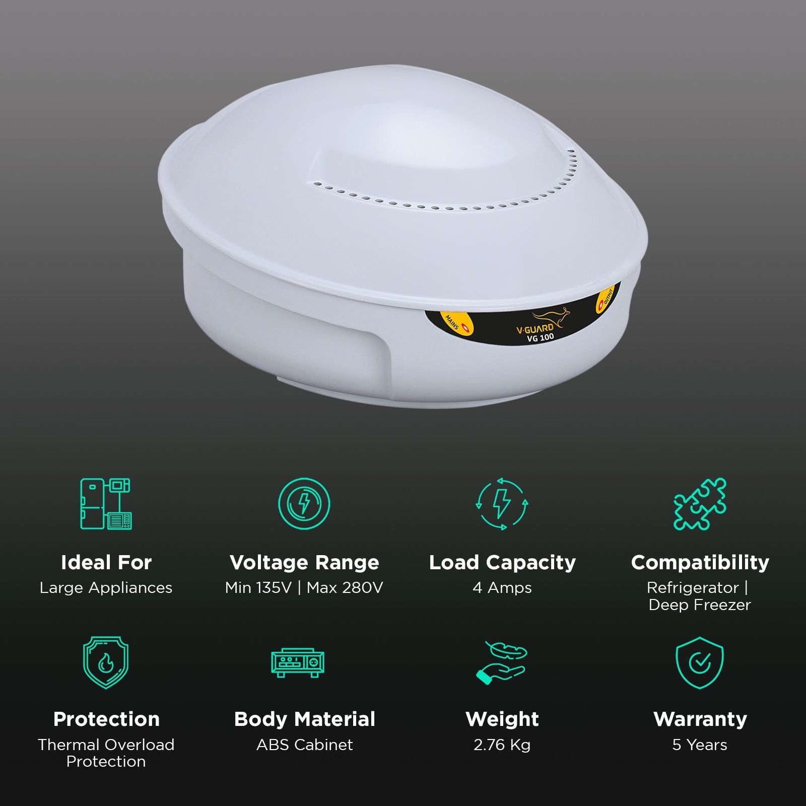 V-GUARD 4 Amps Voltage Stabilizer For 600 Litres Refrigerator + 1 Deep Freezer (135 - 280 V, Fail Safe Circuit Protection, VG 100, Grey) V-GUARD 4 Amps Voltage Stabilizer For 600 Litres Refrigerator + 1 Deep Freezer (135 - 280 V, Fail Safe Circuit Protection, VG 100, Grey)_3