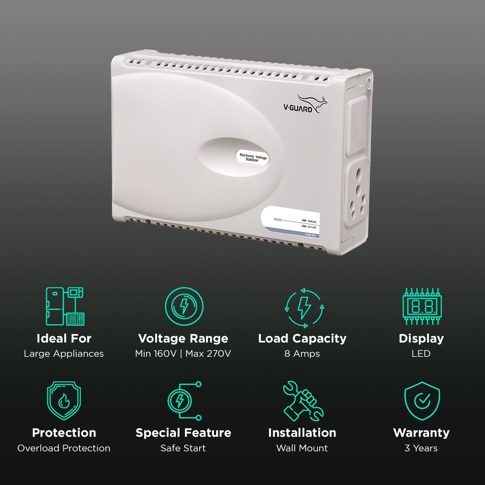 V-Guard 8 Amps Voltage Stabilizer Washing Machine / Microwave Oven / Treadmill (160 - 270 V, Digital Display, VMSD 300, WhIte)_2