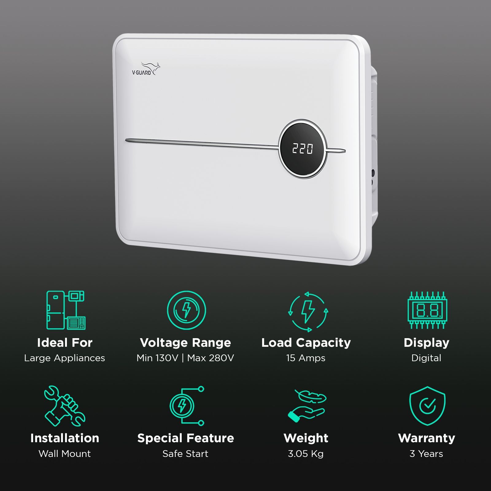 V-Guard 15 Amps Voltage Stabilizer Dishwasher / Washing Machine / Microwave Oven / Tread Mill (135 - 280 V, Smart Voltage Correction, VDW 500 Prime, White)_2