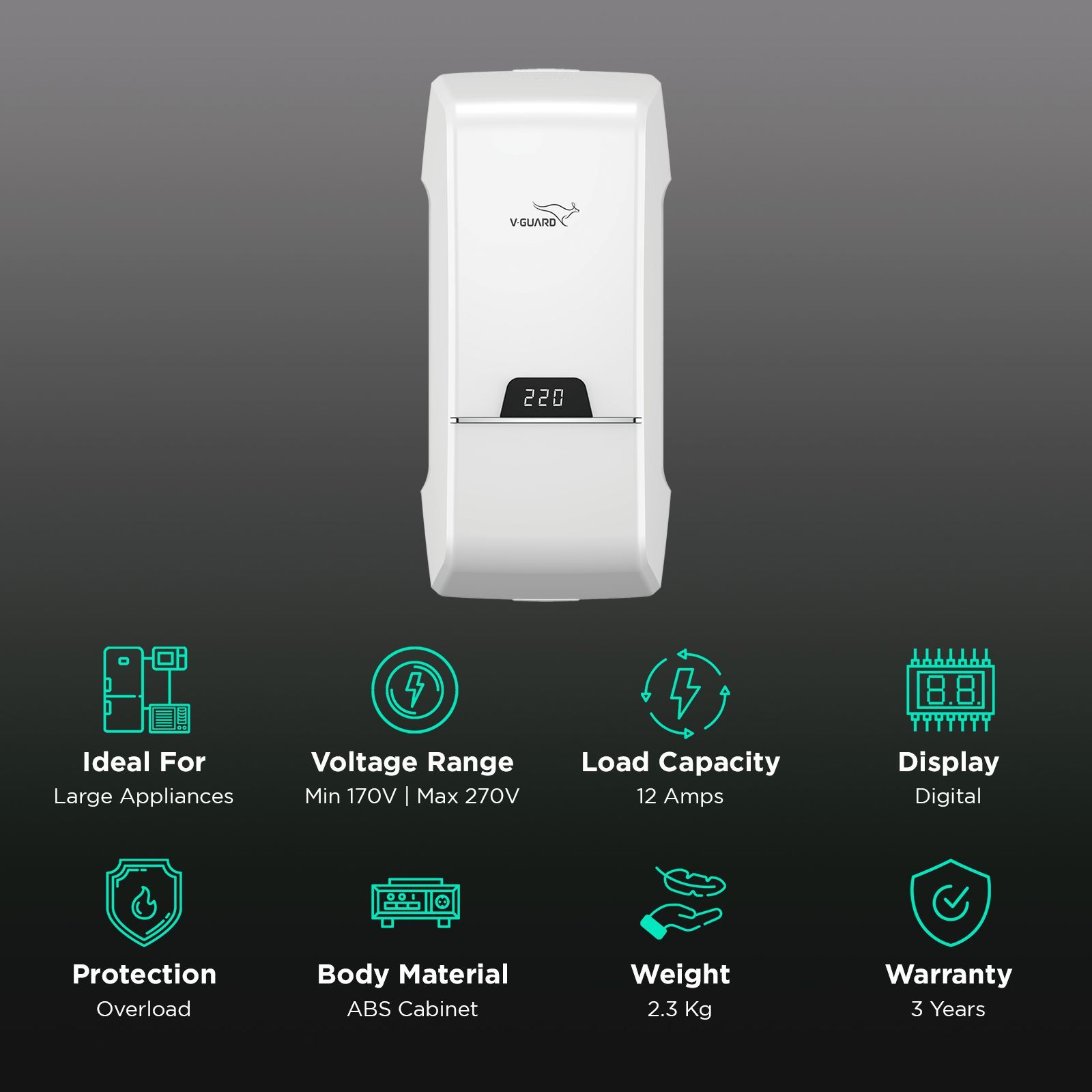 V-GUARD Arizor 4170 12 Amps Voltage Stabilizer For 1.5 Ton Inverter Air Conditioner (170 - 270 V, Fail Safe Circuit Protection, White)_2