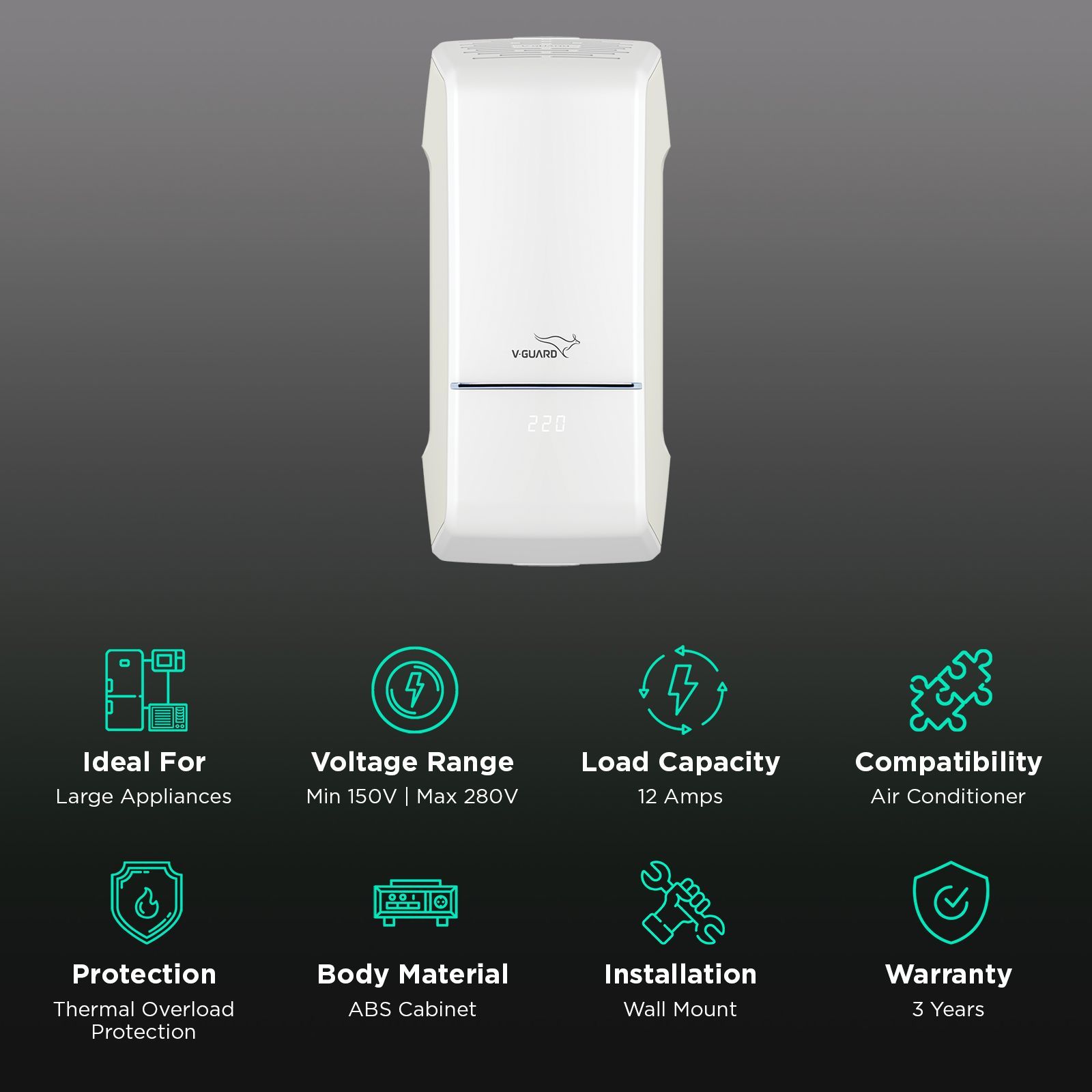 V-GUARD Arizor 4150 12 Amps Voltage Stabilizer For 1.5 Ton Inverter Air Conditioner (150 - 280 V, Smart Voltage Correction, White) V-GUARD Arizor 4150 12 Amps Voltage Stabilizer For 1.5 Ton Inverter Air Conditioner (150 - 280 V, Smart Voltage Correction, White)_2