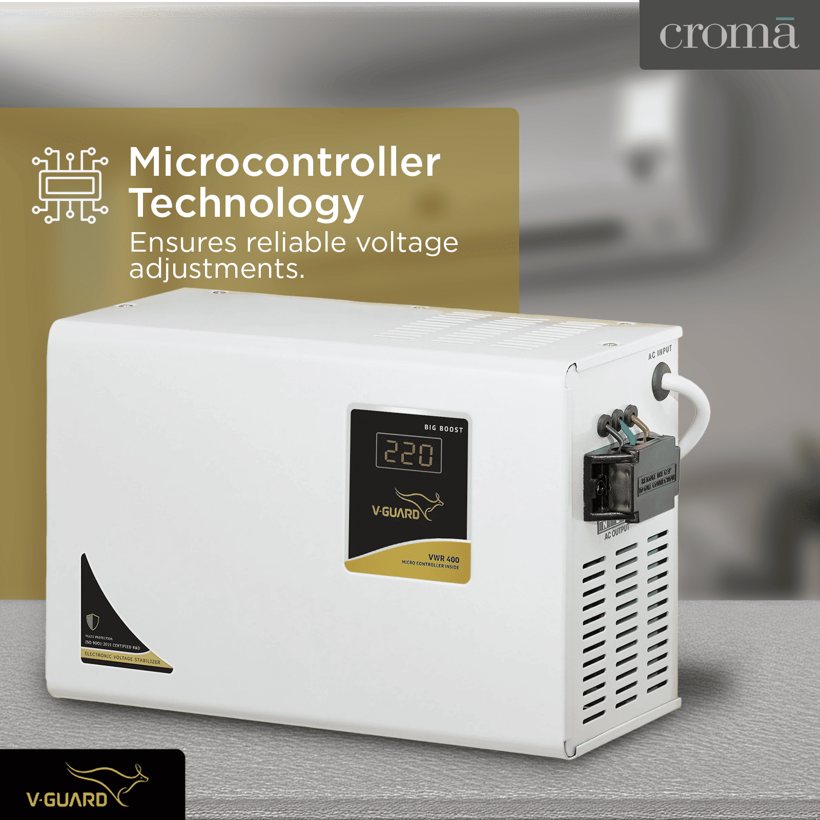 V-GUARD 12 Amps Voltage Stabilizer For Up to 1.5 Ton Air Conditioner (130 - 300 V, Built-In Thermal Overload Protection, VWR 400, Grey)_8
