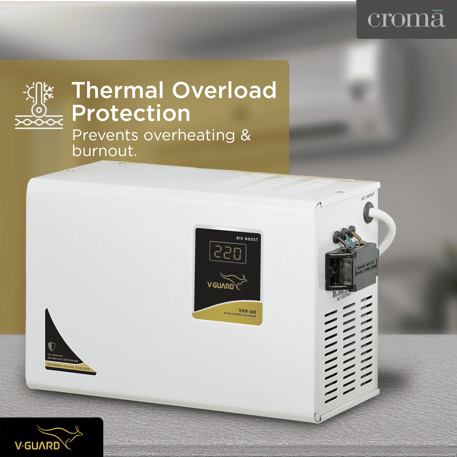 V-GUARD 12 Amps Voltage Stabilizer For Up to 1.5 Ton Air Conditioner (130 - 300 V, Built-In Thermal Overload Protection, VWR 400, Grey)_9