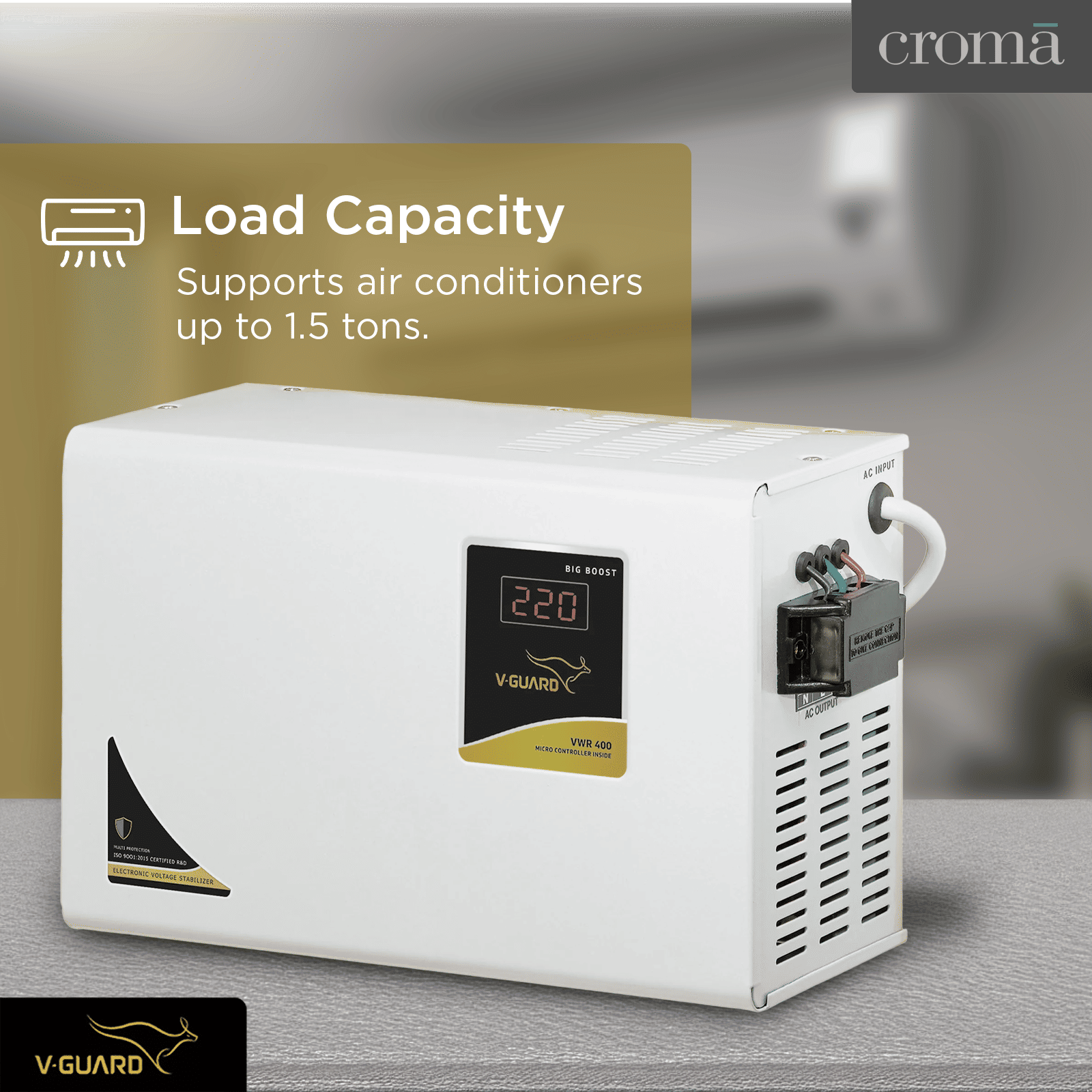 V-GUARD 12 Amps Voltage Stabilizer For Up to 1.5 Ton Air Conditioner (130 - 300 V, Built-In Thermal Overload Protection, VWR 400, Grey)_4