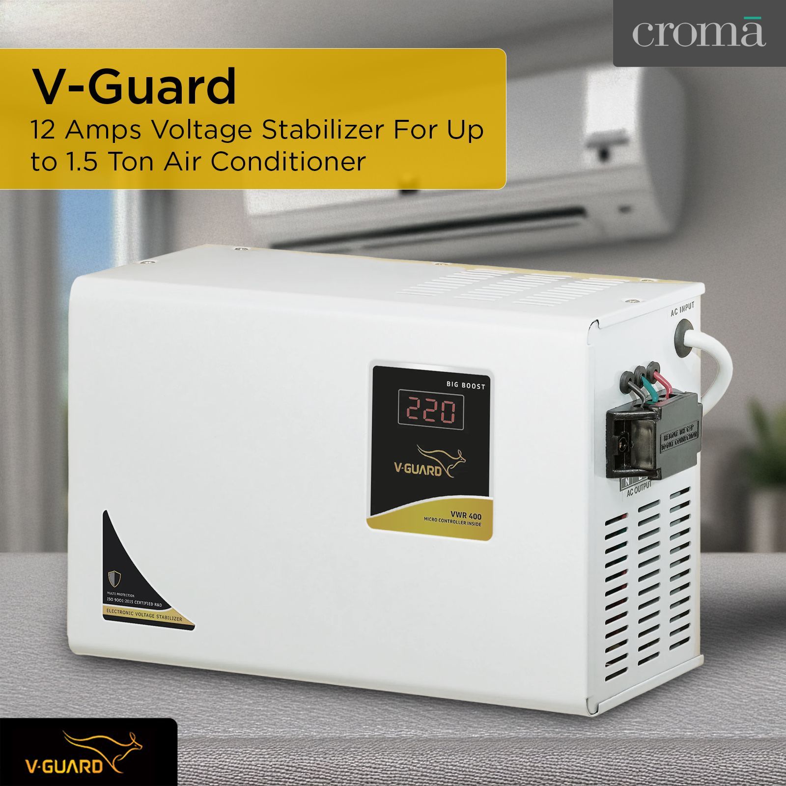 V-GUARD 12 Amps Voltage Stabilizer For Up to 1.5 Ton Air Conditioner (130 - 300 V, Built-In Thermal Overload Protection, VWR 400, Grey)_5