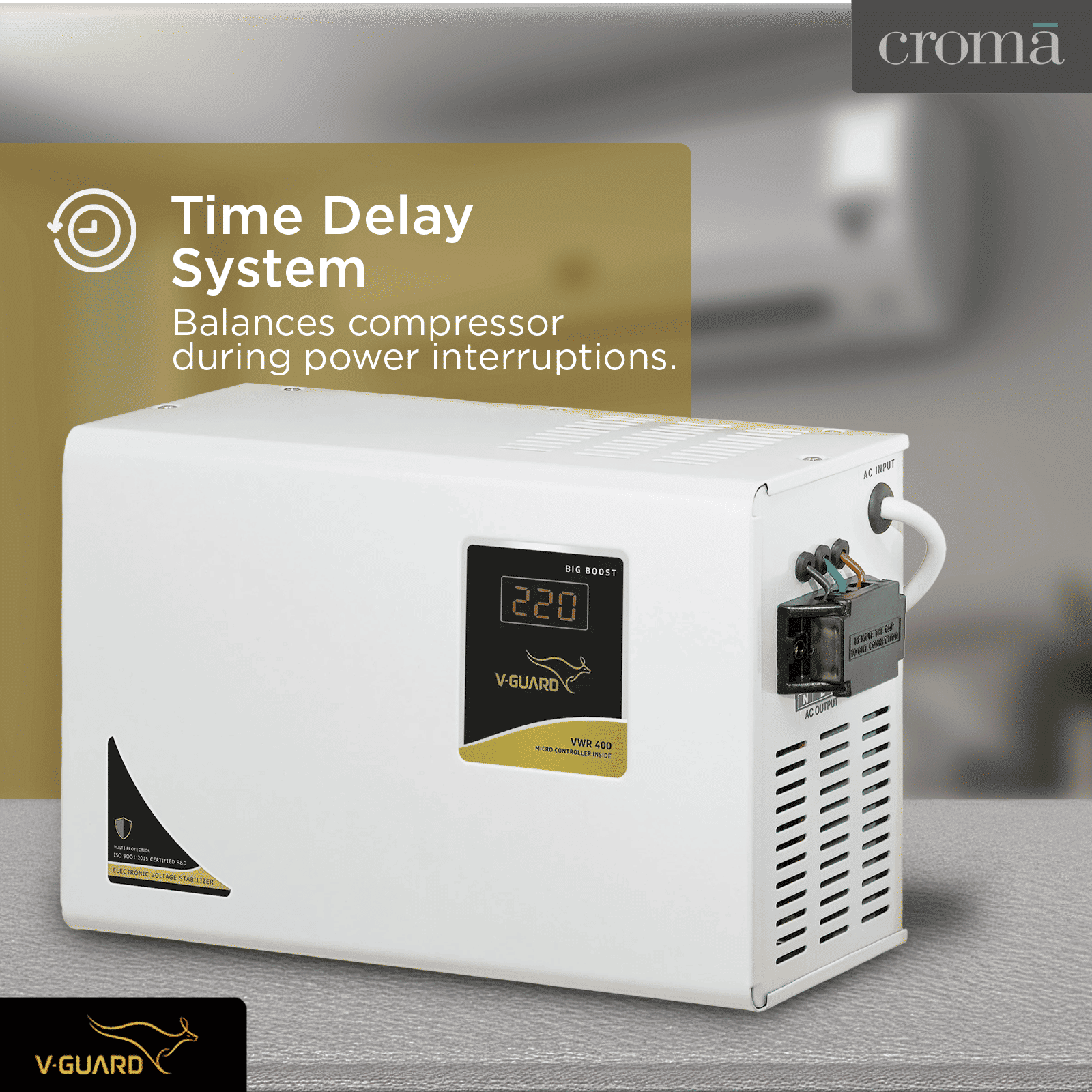 V-GUARD 12 Amps Voltage Stabilizer For Up to 1.5 Ton Air Conditioner (130 - 300 V, Built-In Thermal Overload Protection, VWR 400, Grey)_6