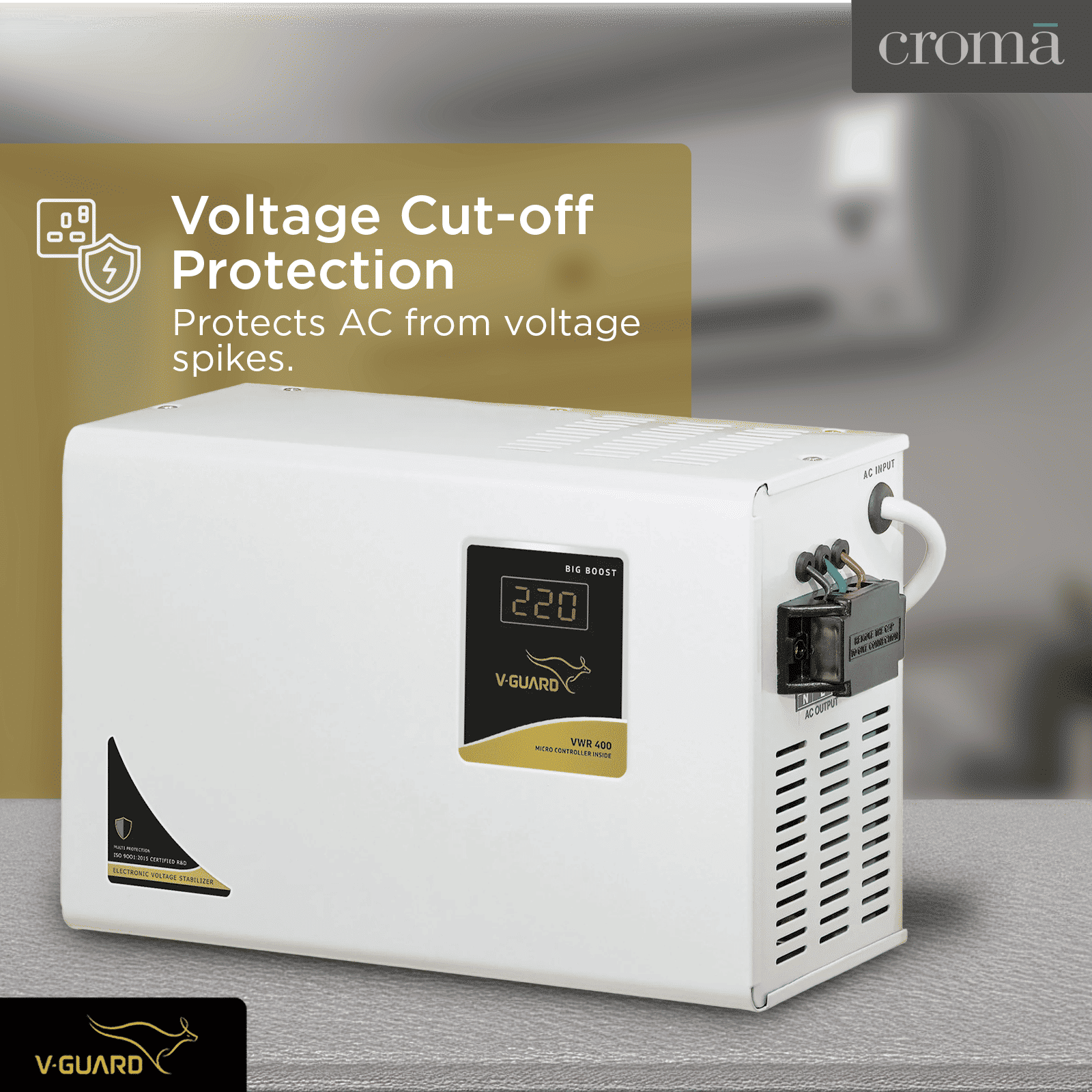 V-GUARD 12 Amps Voltage Stabilizer For Up to 1.5 Ton Air Conditioner (130 - 300 V, Built-In Thermal Overload Protection, VWR 400, Grey)_7