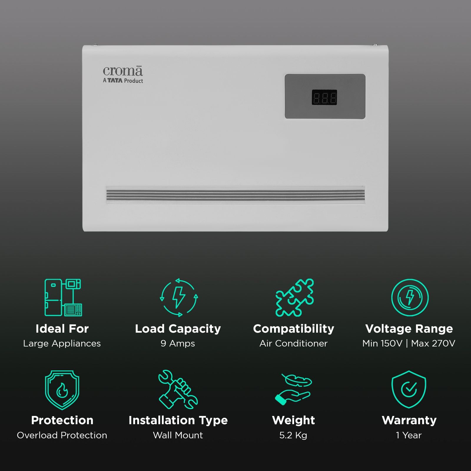 Croma 9 Amps Voltage Stabilizer For 1.5T Air Conditioner (150 - 270 V, Thermal Overload Protection, CRLS150KAA297201, White) Croma 9 Amps Voltage Stabilizer For 1.5T Air Conditioner (150 - 270 V, Thermal Overload Protection, CRLS150KAA297201, White)_2