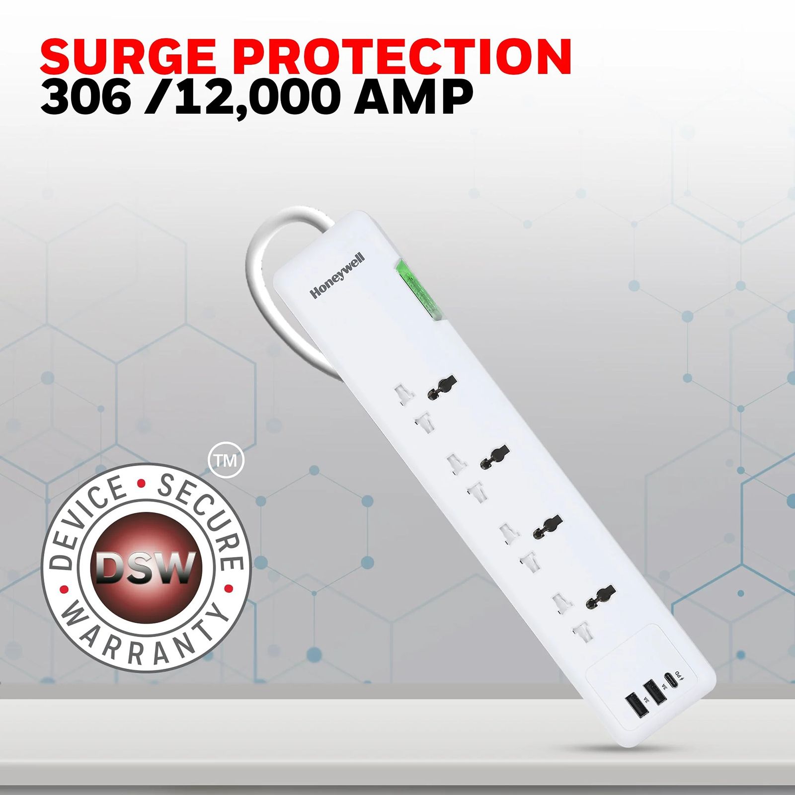 Honeywell PD20W 12000 Amps 4 Sockets Surge Protector (1.5 Meters, Child Lock Safety Shutter, HC000019, White)_5
