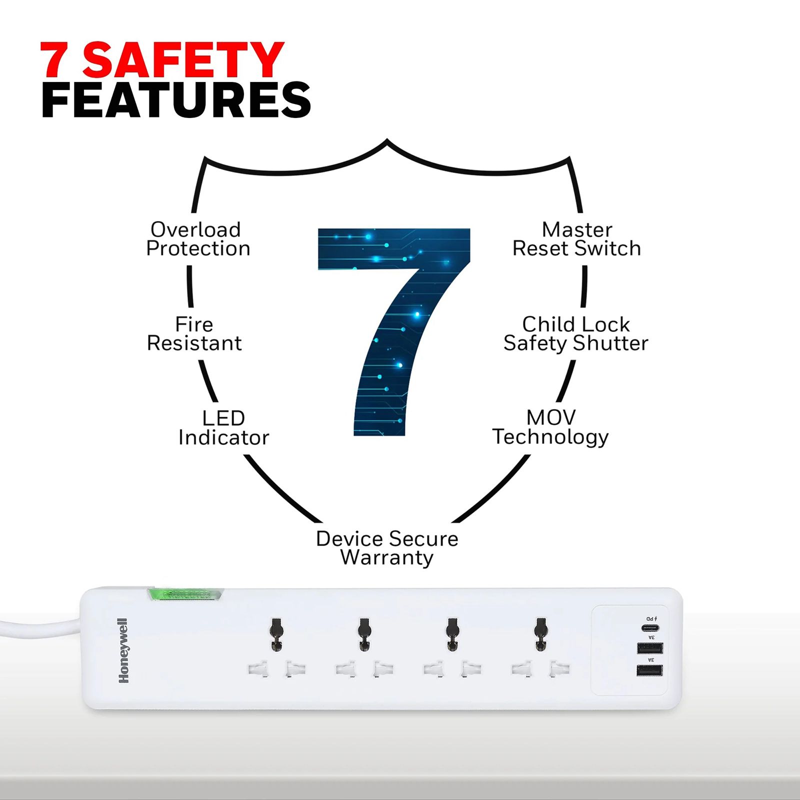 Honeywell PD20W 12000 Amps 4 Sockets Surge Protector (1.5 Meters, Child Lock Safety Shutter, HC000019, White)_6