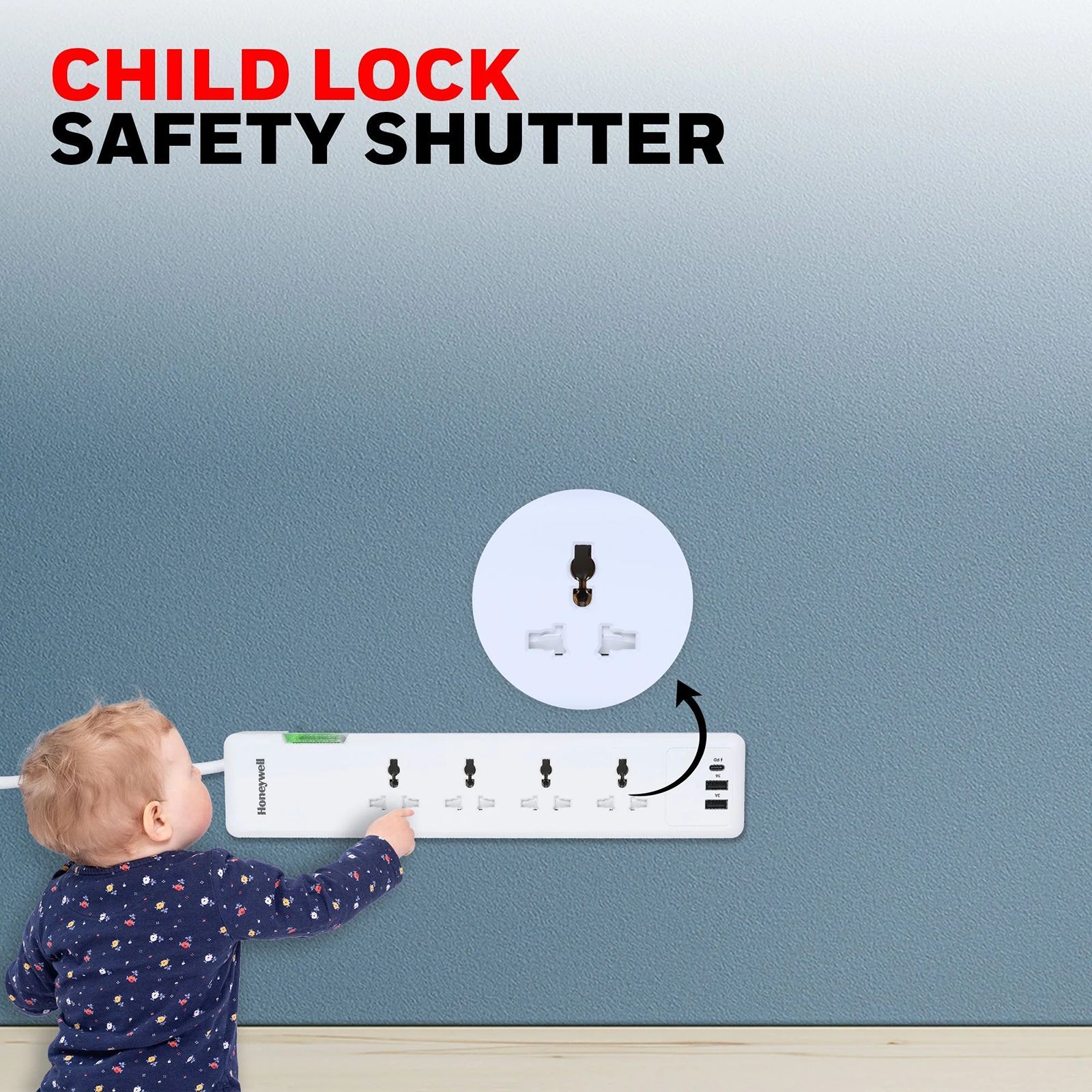 Honeywell PD20W 12000 Amps 4 Sockets Surge Protector (1.5 Meters, Child Lock Safety Shutter, HC000019, White)_2