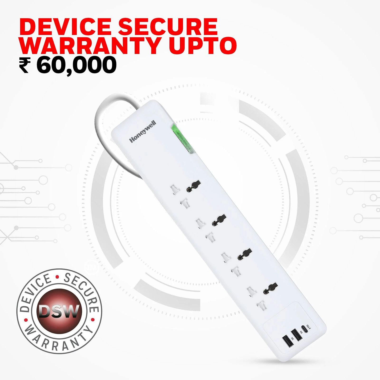 Honeywell PD20W 12000 Amps 4 Sockets Surge Protector (1.5 Meters, Child Lock Safety Shutter, HC000019, White)_4