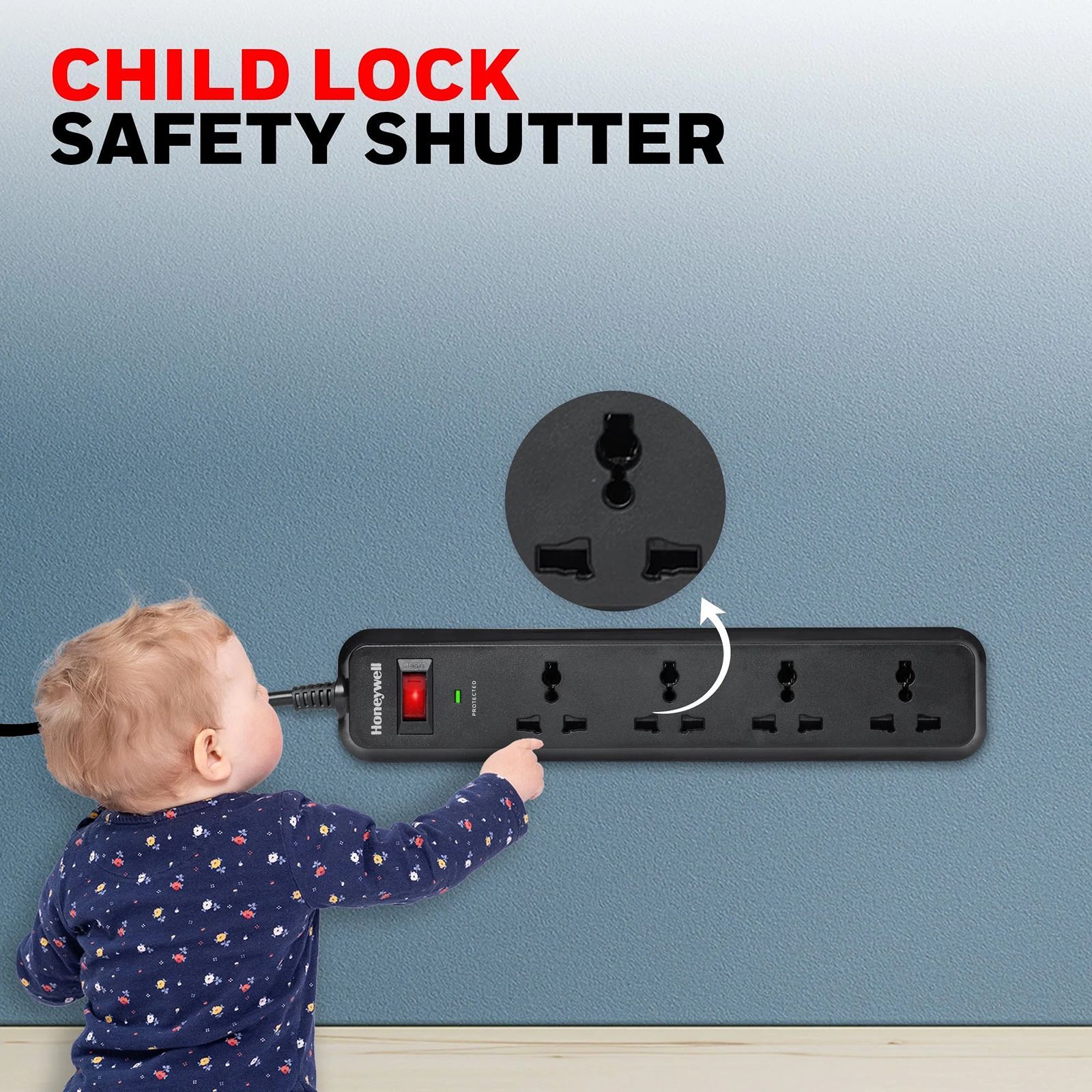 Honeywell 15000 Amps 4 Sockets Surge Protector (2 Meters, Child Lock Safety Shutter, HC000008, Black)_5