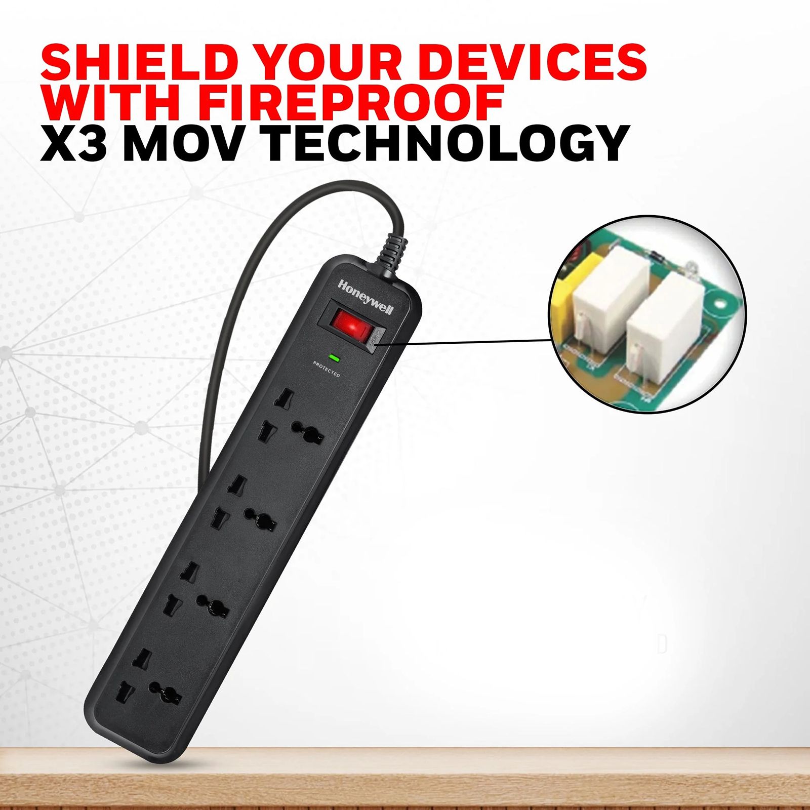 Honeywell 15000 Amps 4 Sockets Surge Protector (2 Meters, Child Lock Safety Shutter, HC000008, Black)_6