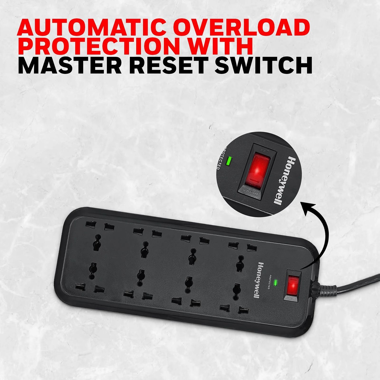Honeywell 20000 Amps 8 Sockets Surge Protector (2 Meters, Automatic Overload Protection, HC000010, Black)_2