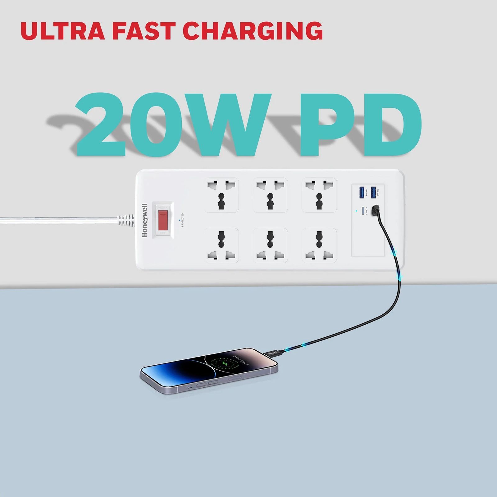 Honeywell 36000 Amps 6 Sockets Surge Protector (1.8 Meters, Automatic Overload Protection, HC000050, White) Honeywell 36000 Amps 6 Sockets Surge Protector (1.8 Meters, Automatic Overload Protection, HC000050, White)_4