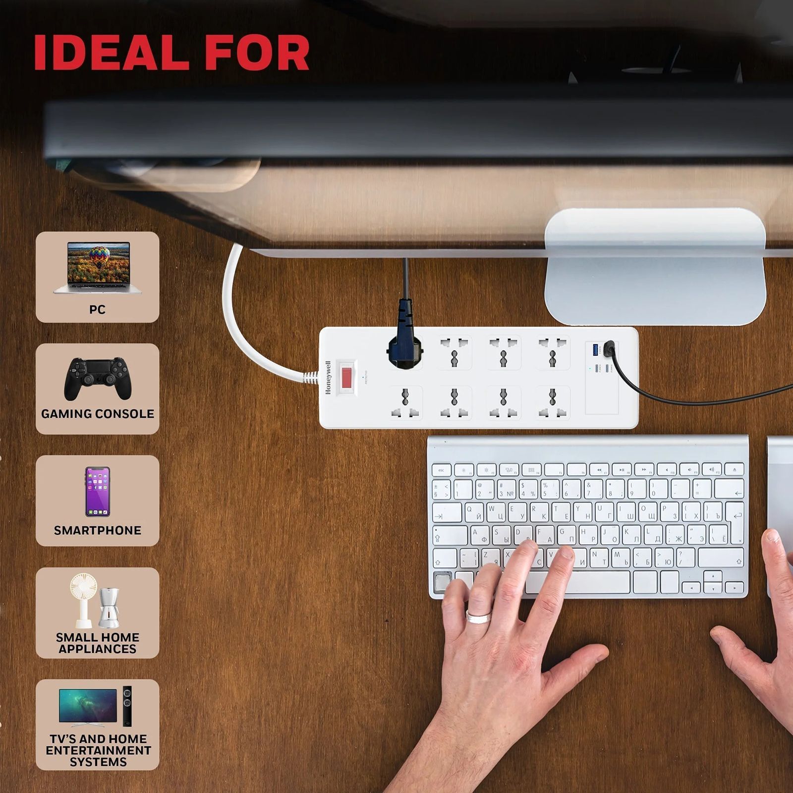 Honeywell 36000 Amps 8 Sockets Surge Protector (1.8 Meters, Automatic Overload Protection, HC000055, White)_5