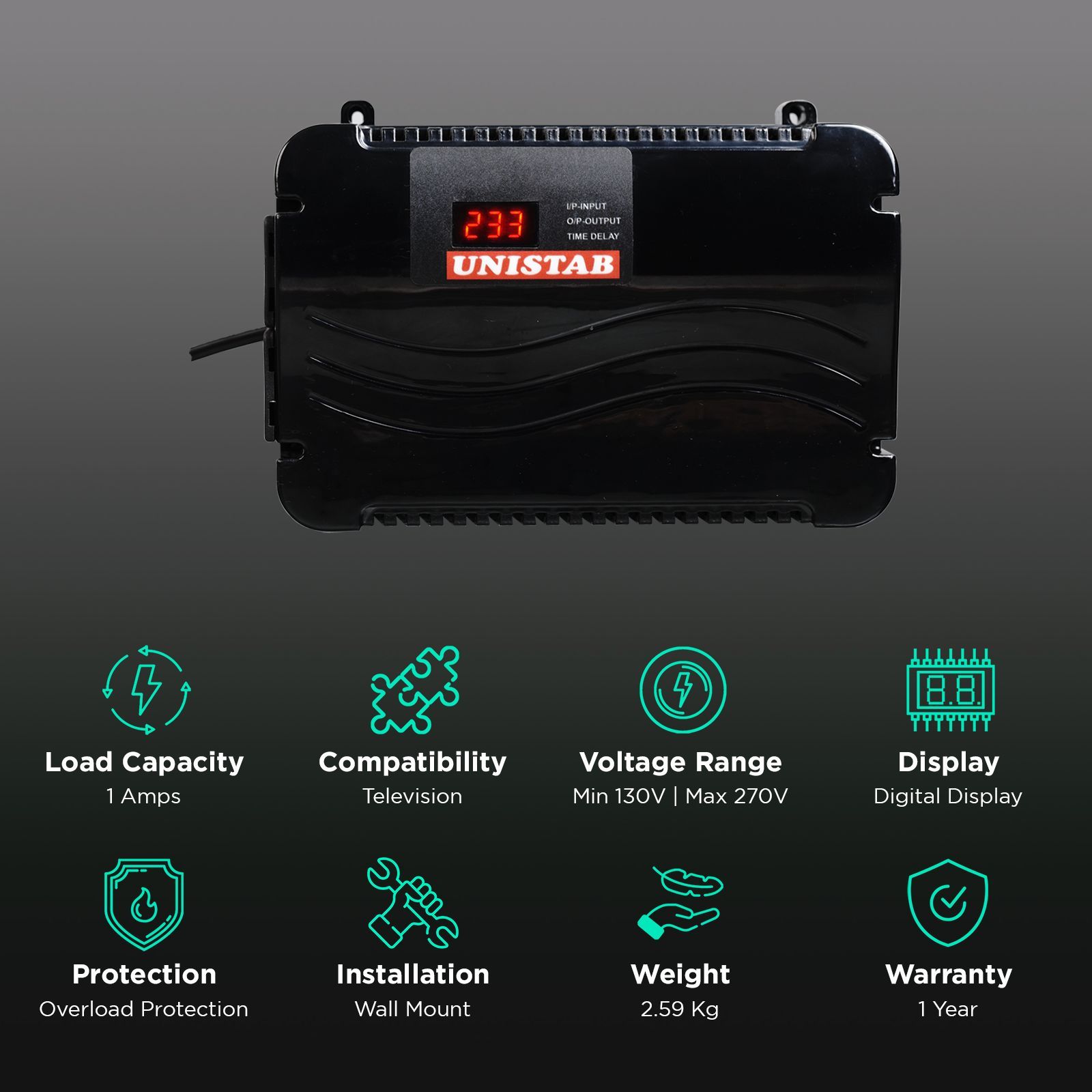 UNISTAB US100D Voltage Stabilizer For Up to 162.56cm (64") TV + DTH (130 - 270 V, Microprocessor Controller Chip, Black)_3