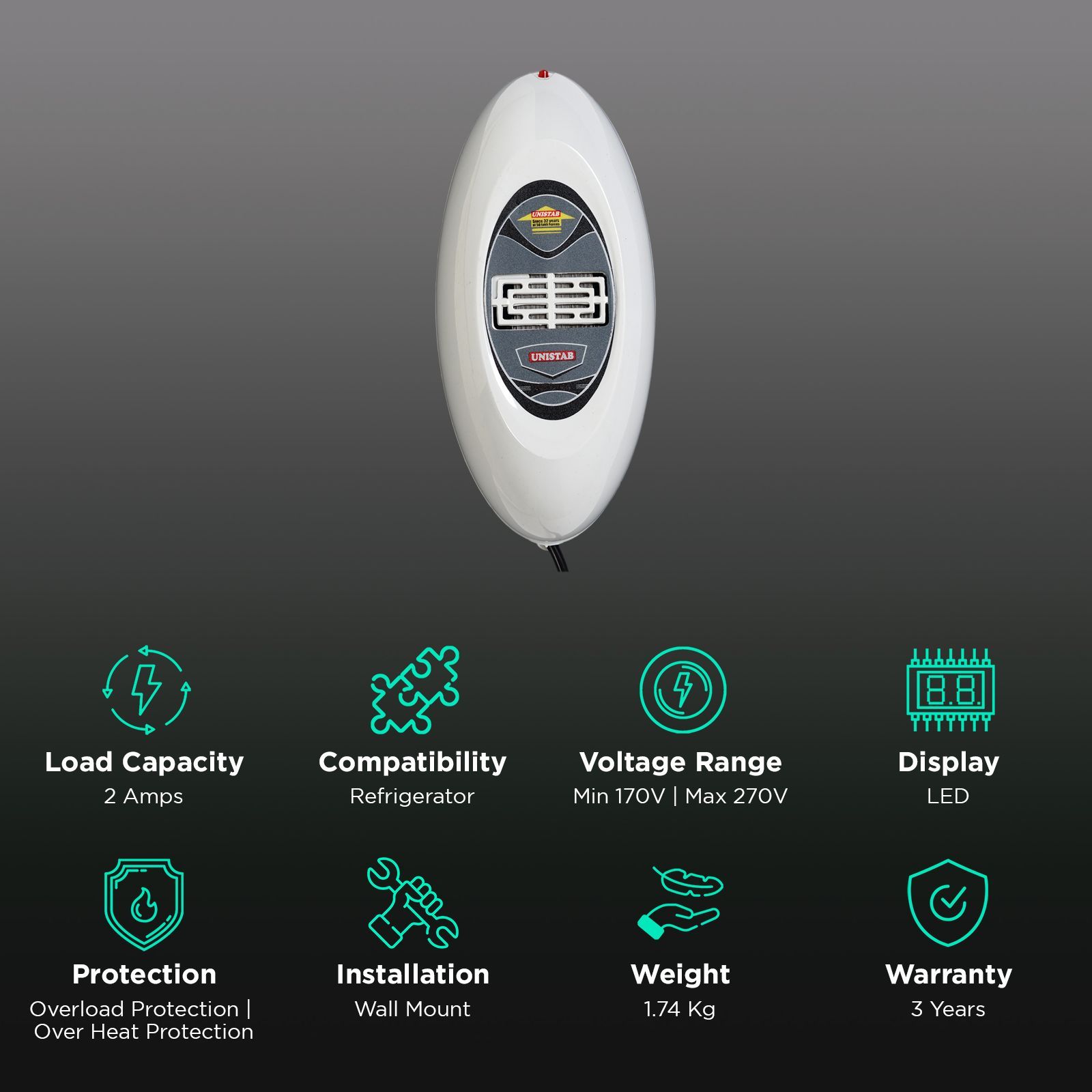 UNISTAB US50Z 2 Amps Voltage Stabilizer For Up to 300 L Refrigerator (170 - 270 V, Advance Overheat Protection, Grey) UNISTAB US50Z 2 Amps Voltage Stabilizer For Up to 300 L Refrigerator (170 - 270 V, Advance Overheat Protection, Grey)_2