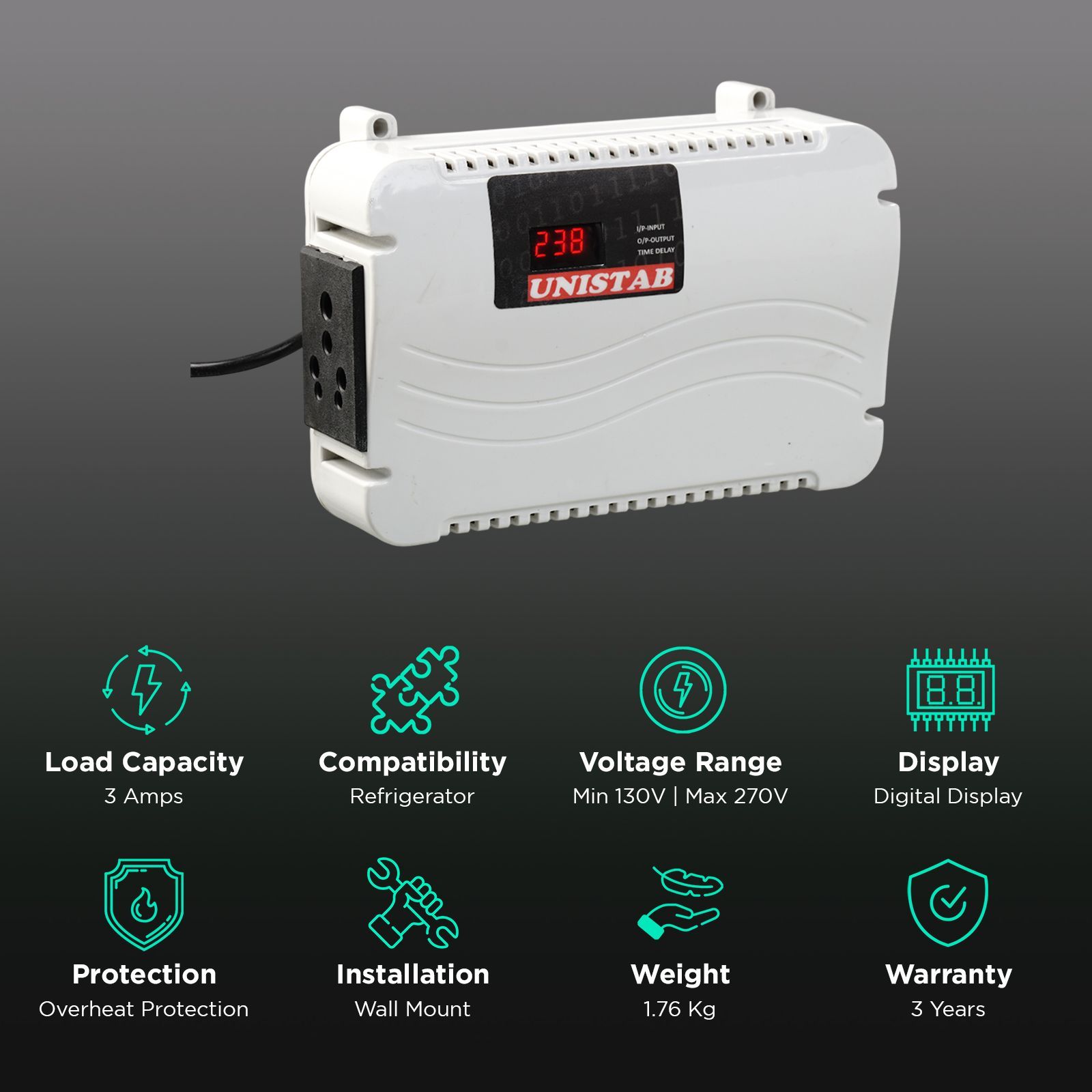 UNISTAB US100DF 3 Amps Voltage Stabilizer For Up to 600 L Refrigerator (130 - 270 V, Advance Overheat Protection, Grey) UNISTAB US100DF 3 Amps Voltage Stabilizer For Up to 600 L Refrigerator (130 - 270 V, Advance Overheat Protection, Grey)_3