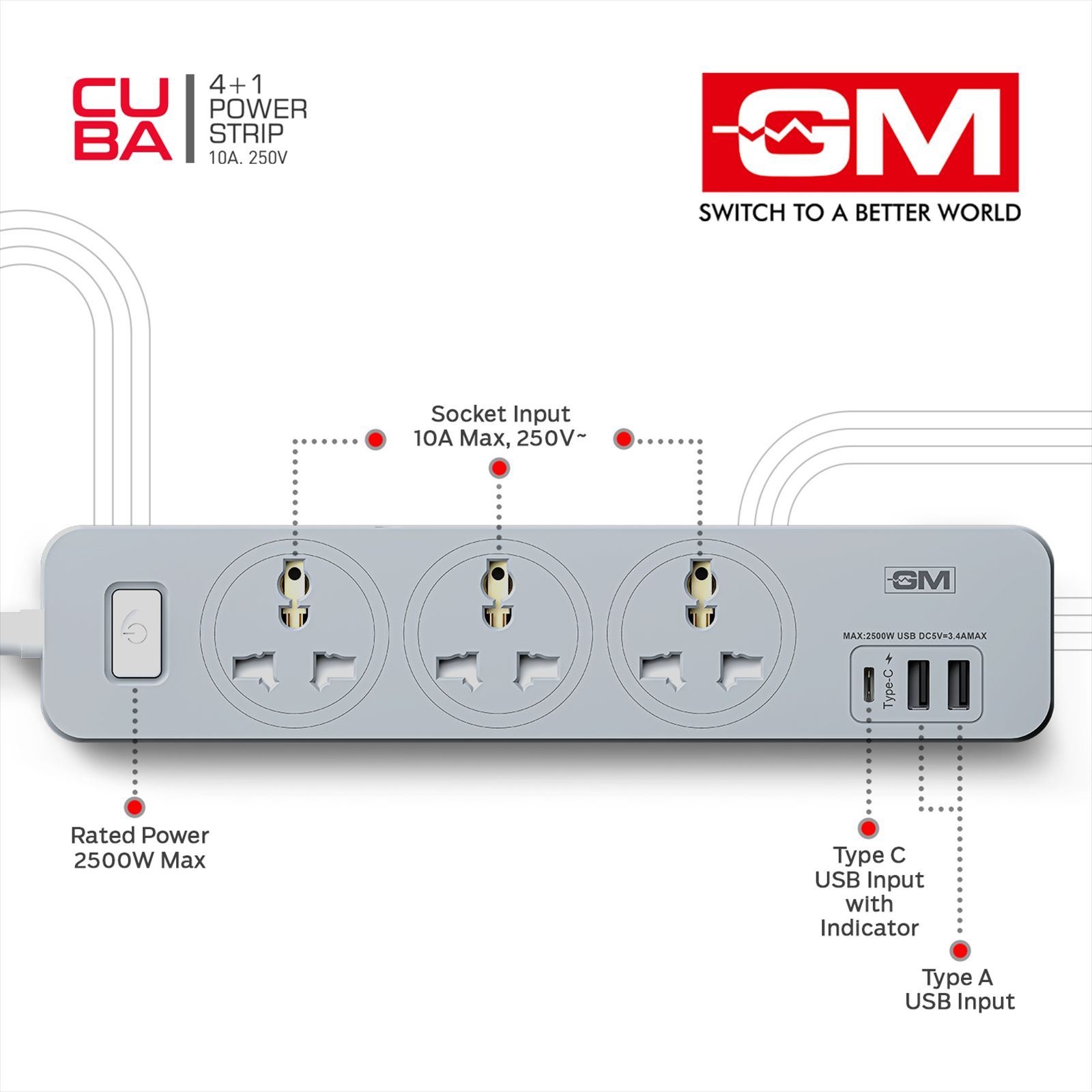 GM Cuba 6 Amps 3 Sockets Surge Protector (1.8 Meters, GM 3341, White) GM Cuba 6 Amps 3 Sockets Surge Protector (1.8 Meters, GM 3341, White)_4