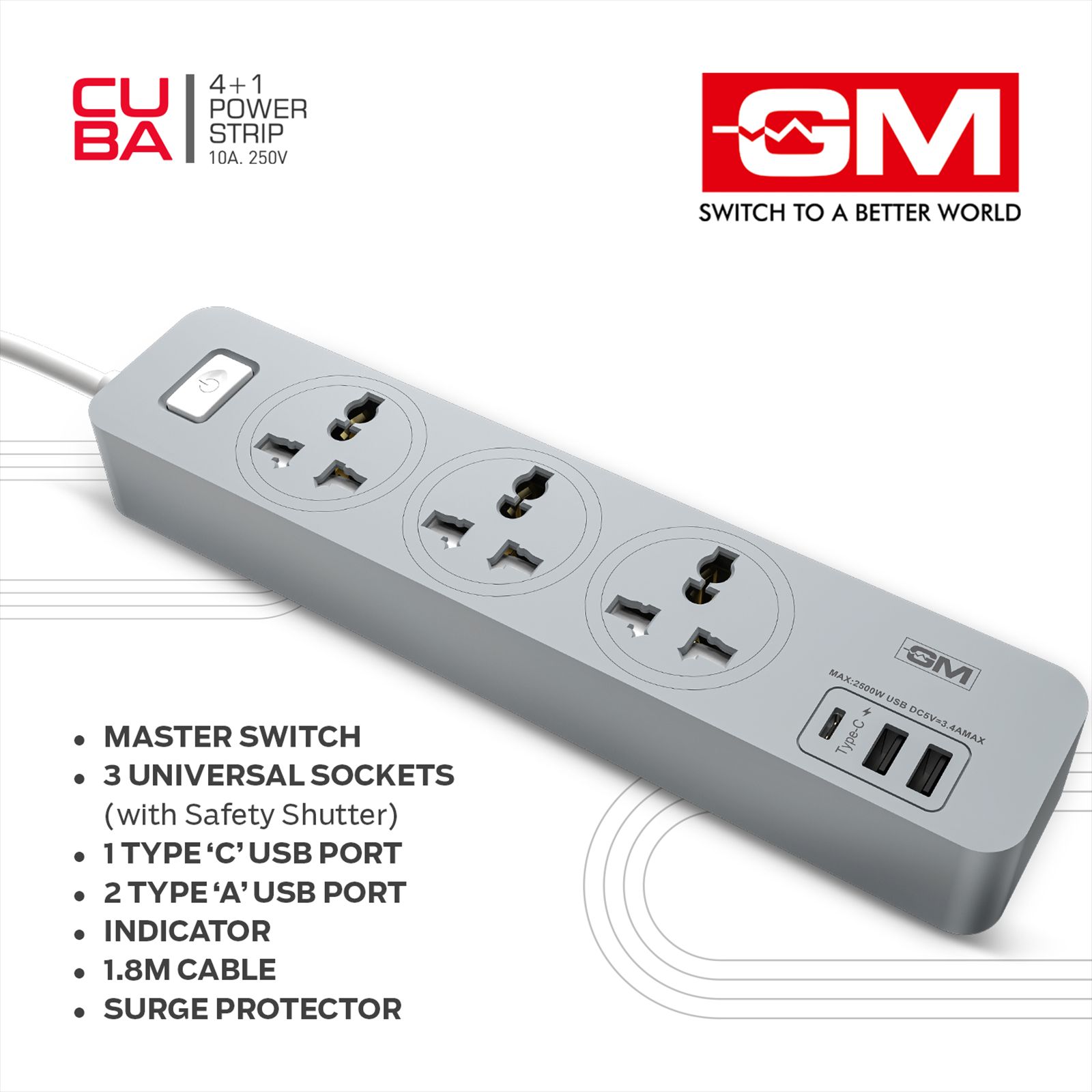 GM Cuba 6 Amps 3 Sockets Surge Protector (1.8 Meters, GM 3341, White) GM Cuba 6 Amps 3 Sockets Surge Protector (1.8 Meters, GM 3341, White)_5