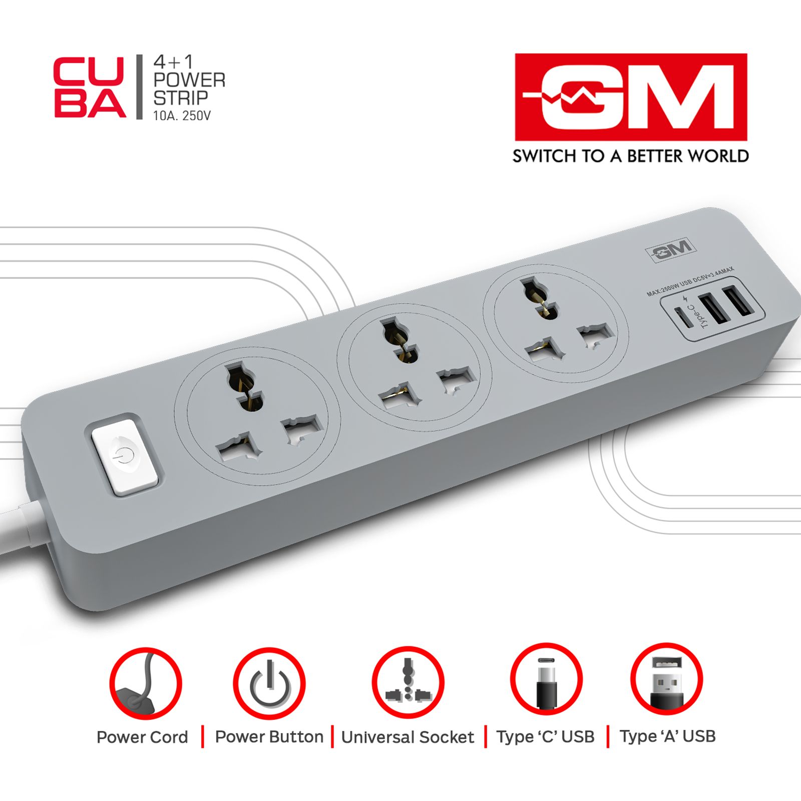 GM Cuba 6 Amps 3 Sockets Surge Protector (1.8 Meters, GM 3341, White) GM Cuba 6 Amps 3 Sockets Surge Protector (1.8 Meters, GM 3341, White)_6