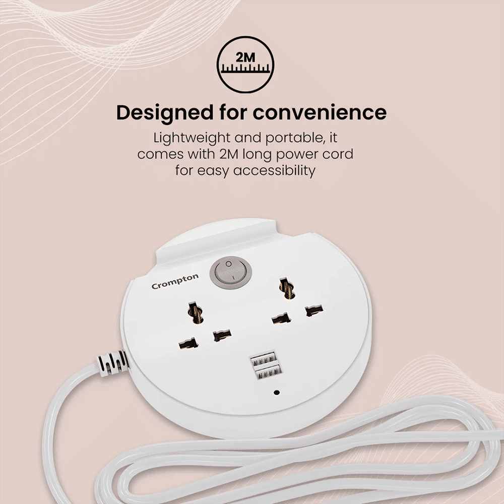 Crompton Powerbox Alpha CU 6 Amps 2 Sockets Extention Board with Individual Switch (2 Meters, Mobile Holder Groove, LEDPB-ALPHA-CU, White)_6