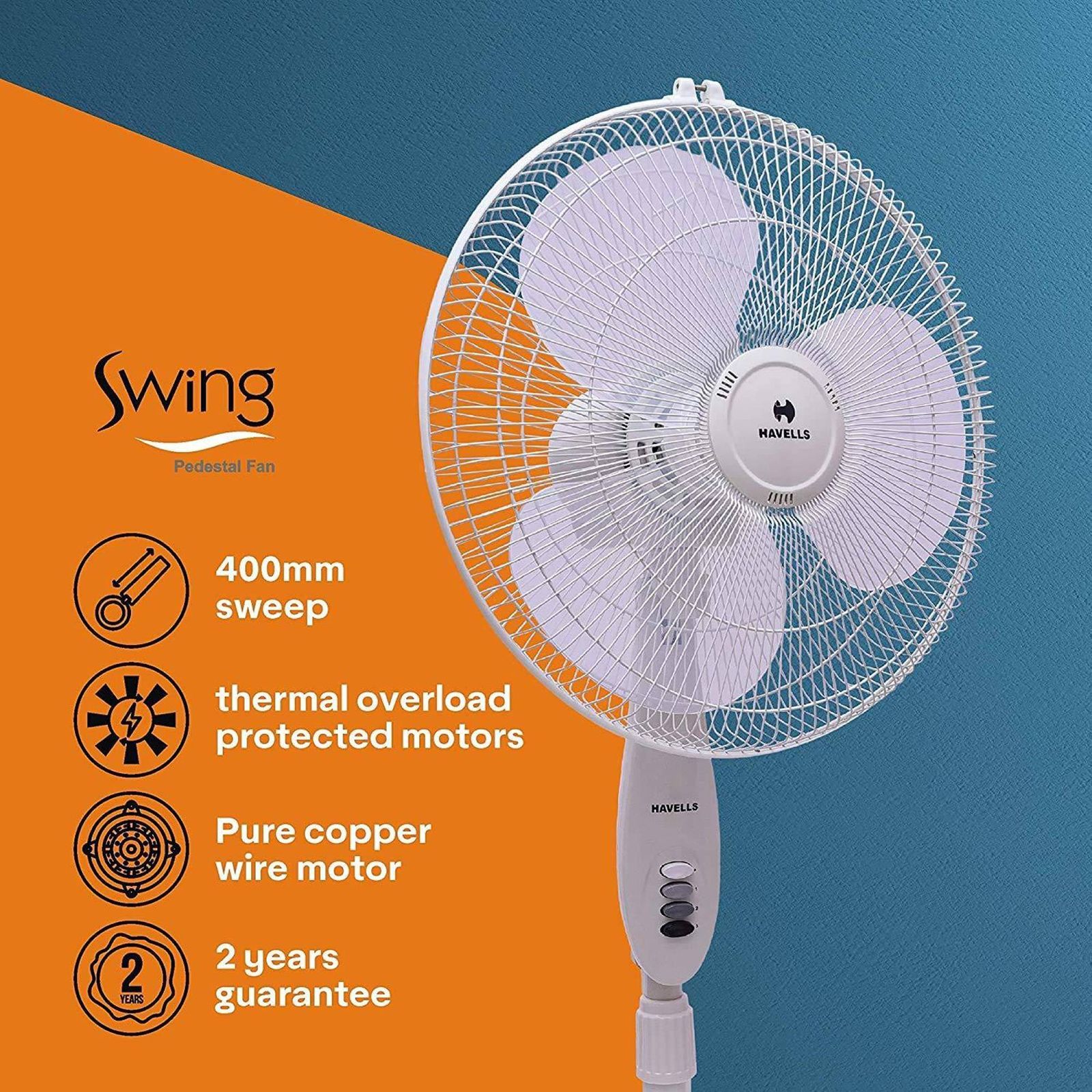 HAVELLS Swing 3 Star 400mm 3 Blade Thermal Overload Protector Pedestal Fan (Inverter Technology, White) HAVELLS Swing 3 Star 400mm 3 Blade Thermal Overload Protector Pedestal Fan (Inverter Technology, White)_4