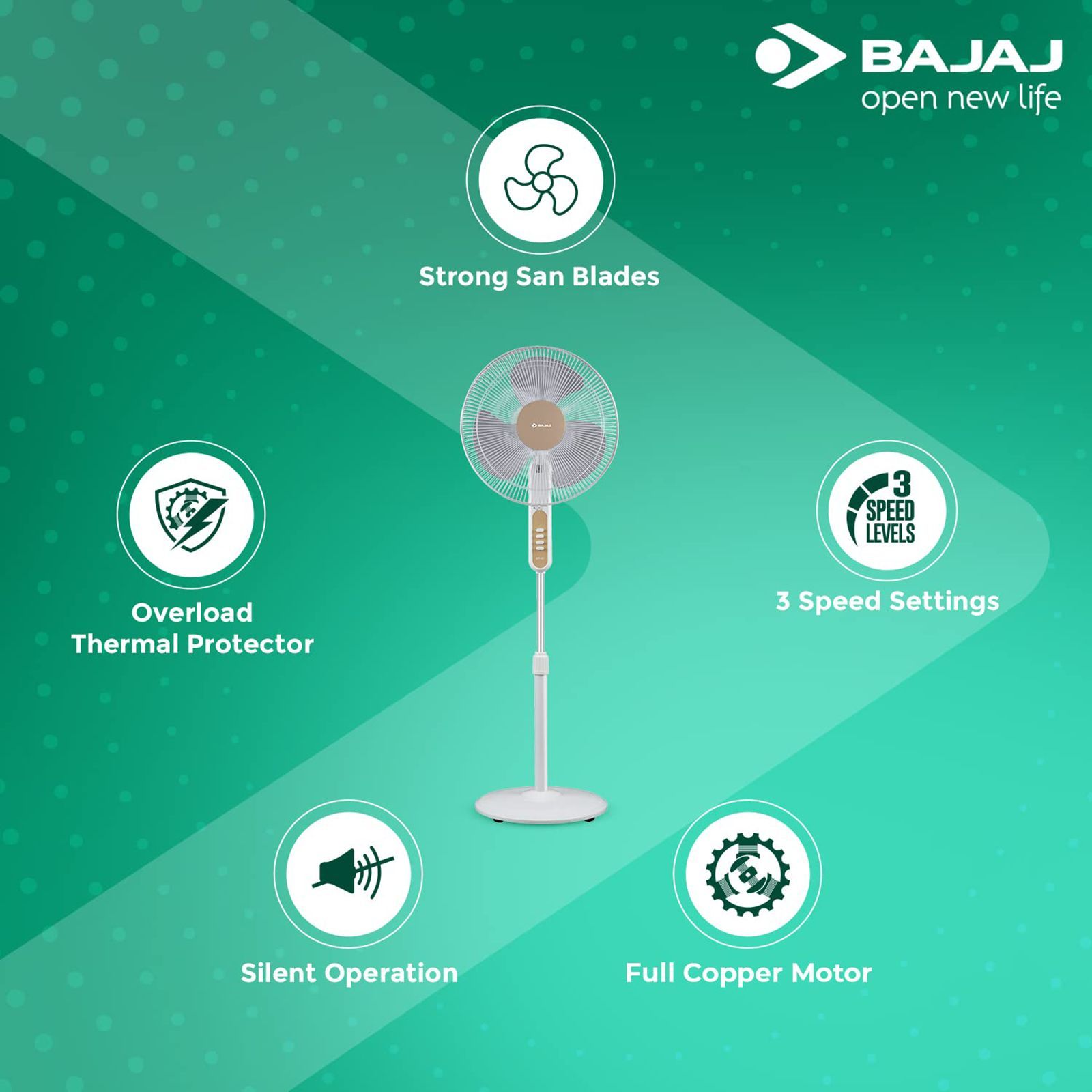 BAJAJ Midea 400mm 3 Blade Silent Operation Pedestal Fan (Thermal Overload Protector, White)_9