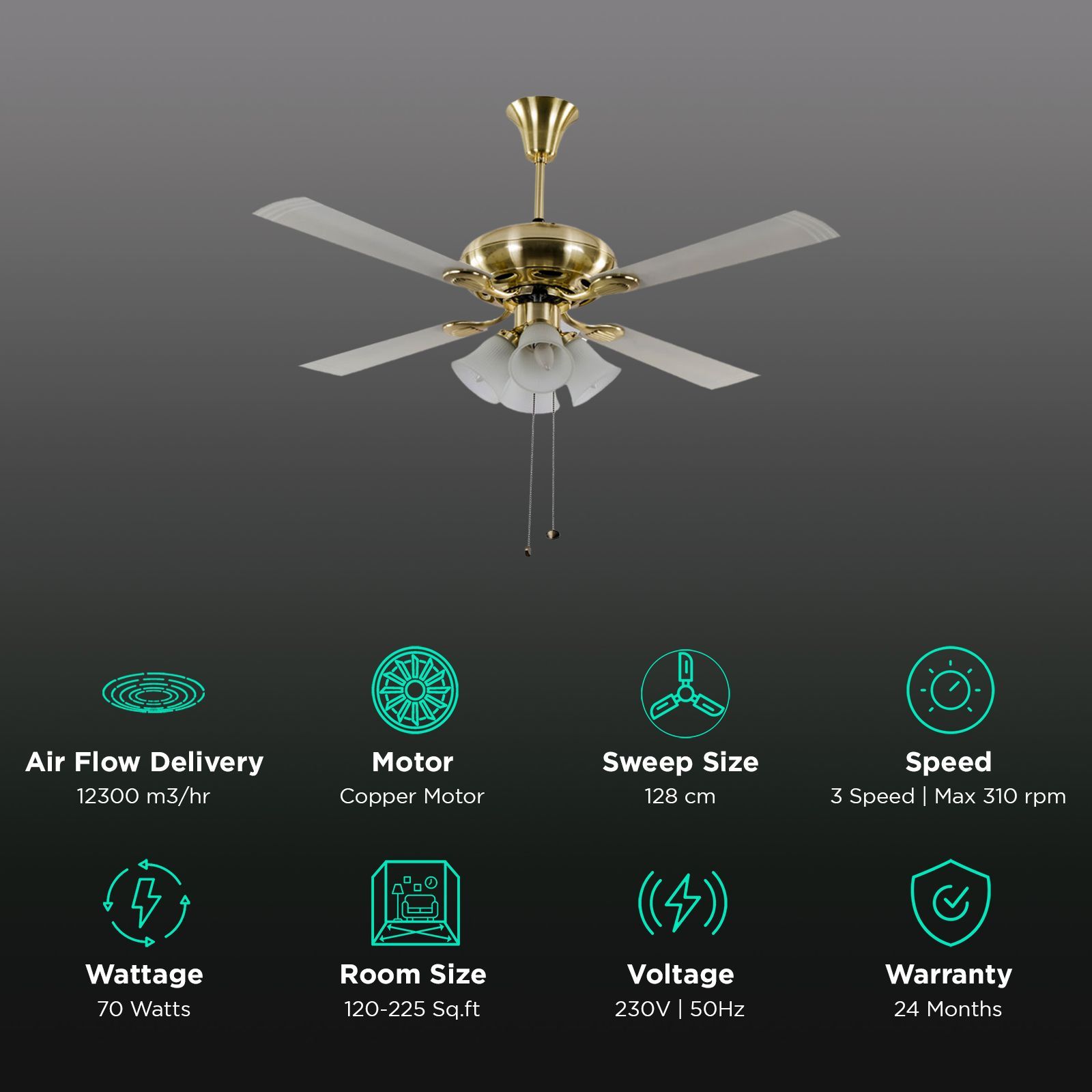 USHA Fontana Orchid 1280mm 4 Blade Electroplated Motor Ceiling Fan (Decorative Lights, Gold Ivory)_3