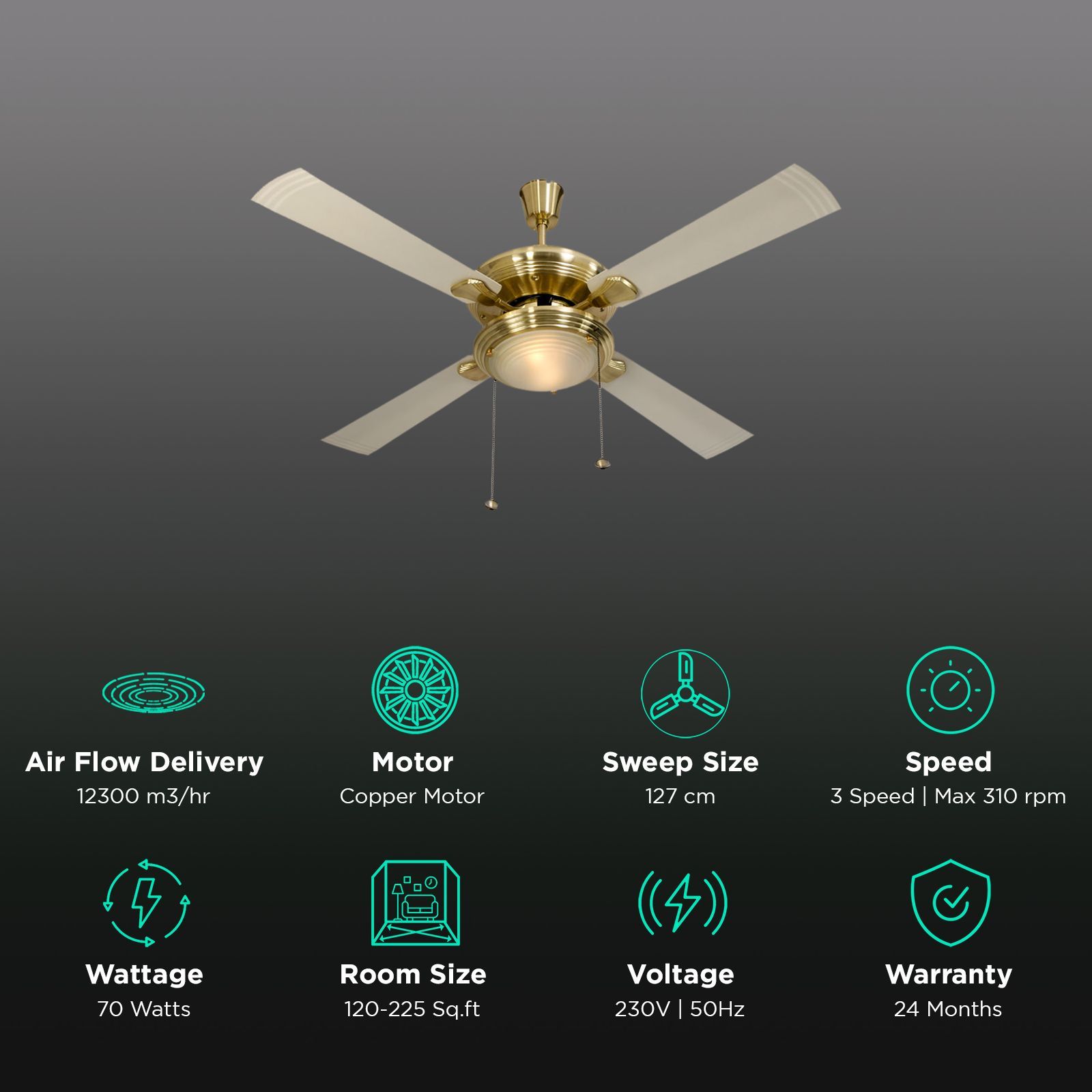 USHA Fontana One 1 Star 1270mm 4 Blade Electroplated Motor Ceiling Fan (Decorative Lights, Gold Ivory)_3