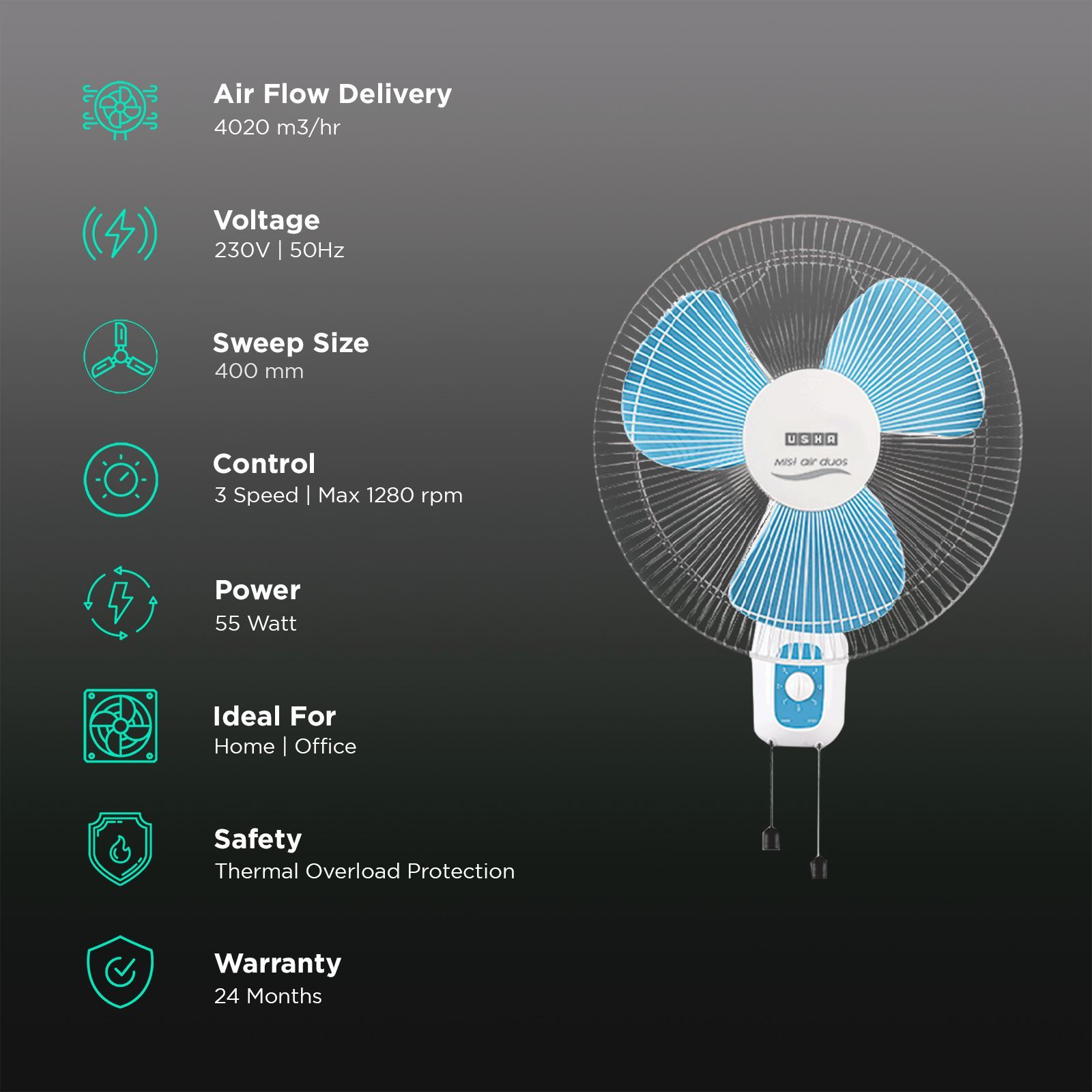 USHA Mist Air Duos 400mm 3 Blade Copper Motor Wall Mounted Fan (Easy Tilt, Blue & White)_3