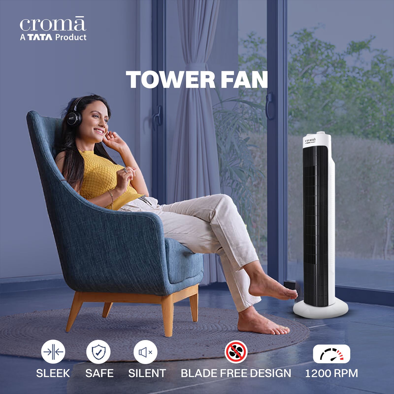 Croma Bladeless 540 m3/hr Air Delivery Tower Fan (Blade Free Design, White & Black)_10