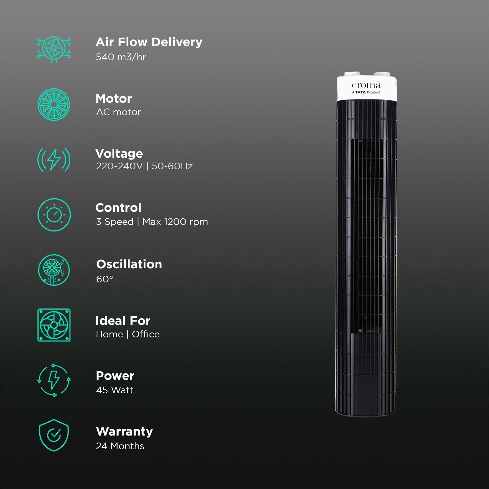 Croma Bladeless 540 m3/hr Air Delivery Tower Fan (Blade Free Design, White & Black)_3