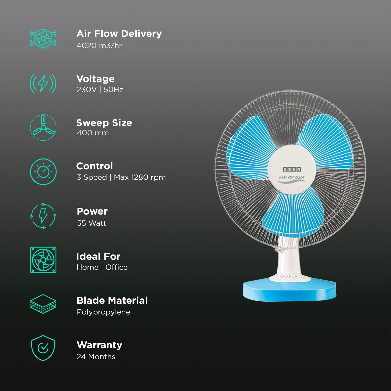 USHA Mist Air Duos 400mm 3 Blade Copper Motor Table Fan (Easy Tilt, Blue)_3